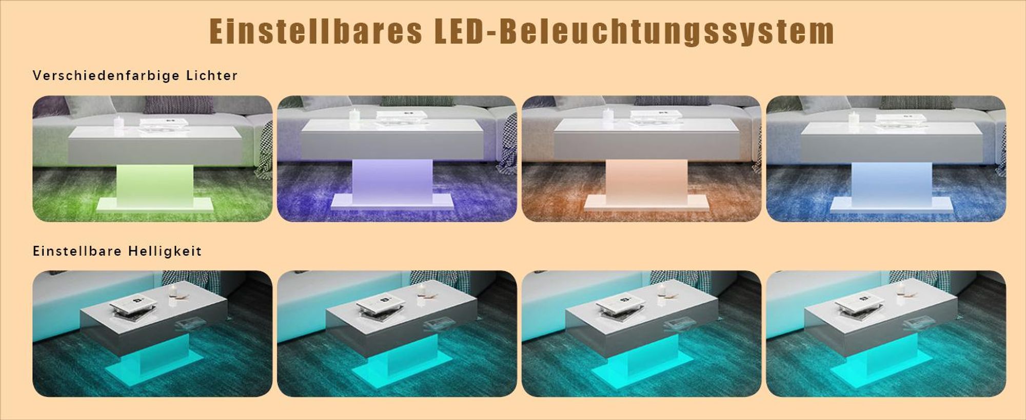 Radelldar Modern Couchtisch Wohnzimmertisch Hochglanz mit Beleuchtung, USB, 110x55x50cm, Weiß