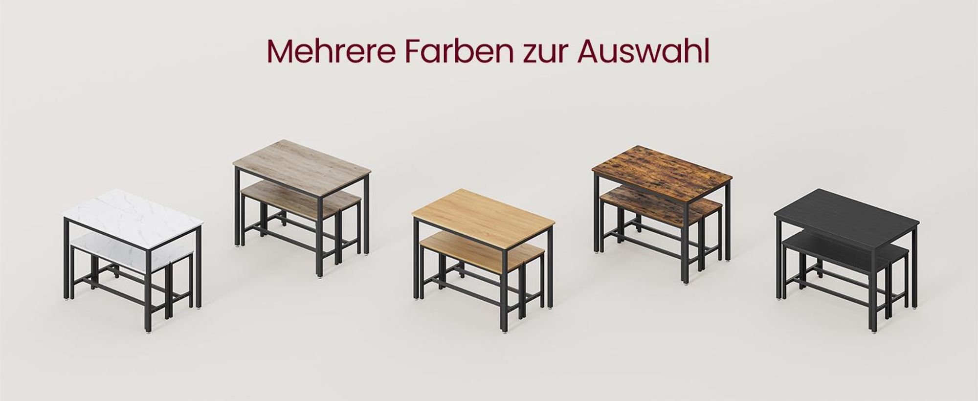 VASAGLE Esstisch, Küchentisch-Set mit 2 Bänken, 3er-Set, 110 x 70 x 75 cm, Aschschwarz-Tintenschwarz