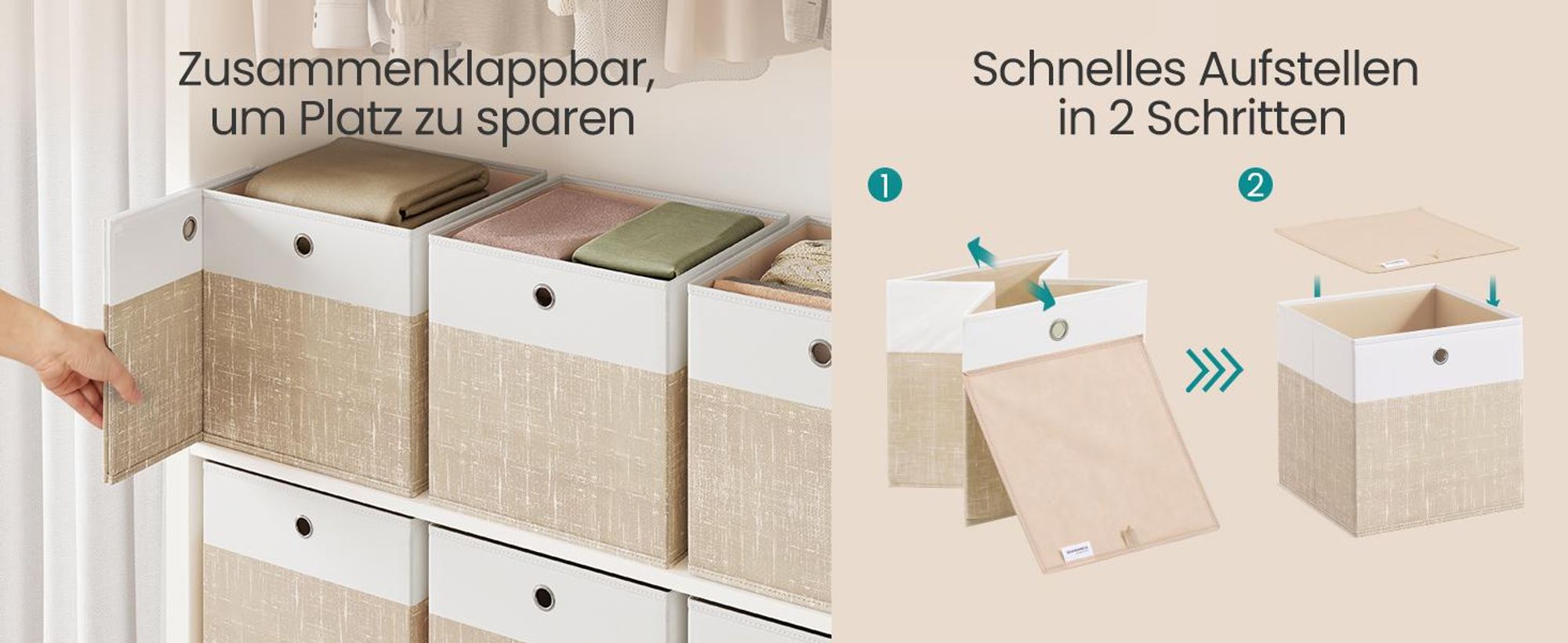 SONGMICS Aufbewahrungskörbe, 6er Set, faltbare Stoffboxen mit PP-Platten, für Regal, 30 x 30 x 30 cm, weiß-beige