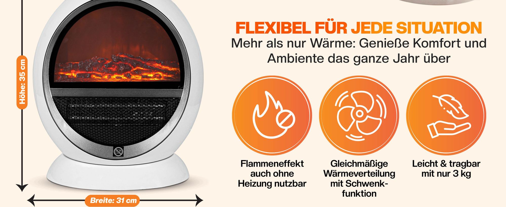 MONZANA® Heizlüfter Kamin Optik Elektrokamin 1500W LED Flammeneffekt 2 Heizstufen weiß Überhitzungsschutz Elektro Heizgerät Heizstrahler Elektroheizung
