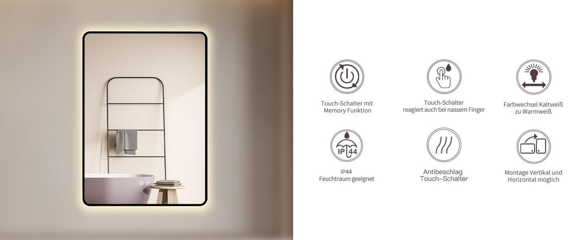 HOKO Badspiegel Antibeschlag LED 60x80cm mit Rahmen HOCH+QUER Montage Touch Schalter+Licht Wechsel Warmweiß-Kaltweiß-Neutral Wandschalter einschaltbar