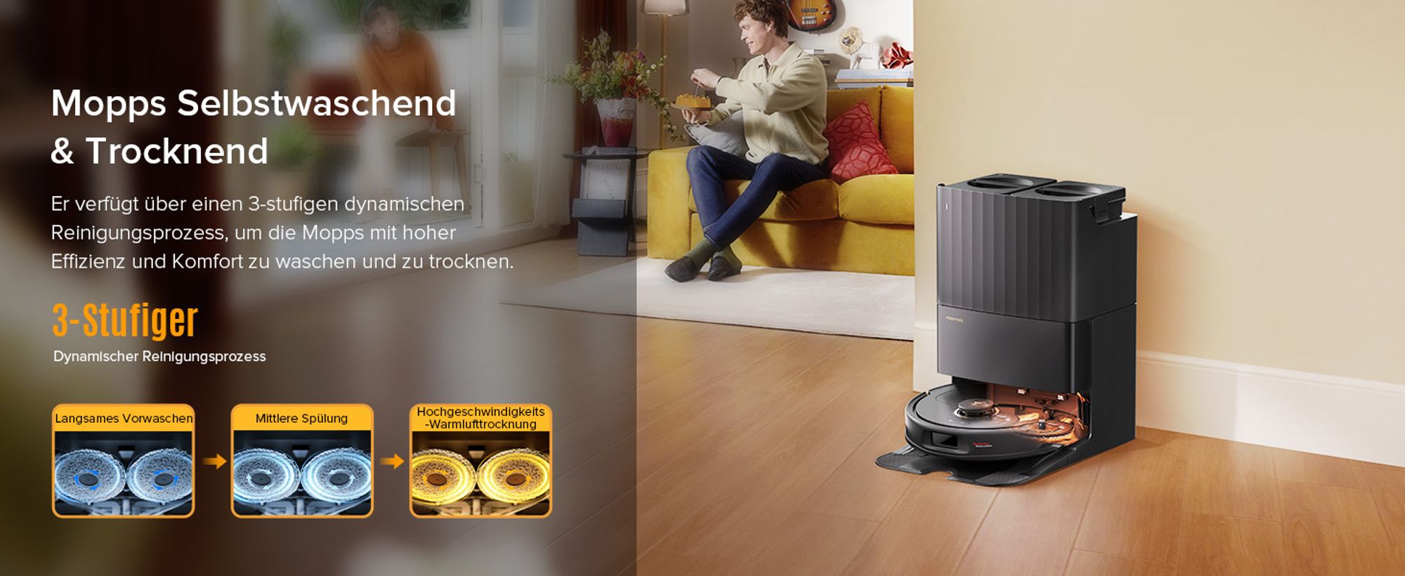 Roborock Qrevo S5V Saugroboter mit Wischfunktion, 12.000Pa, Zero-Tangle System, Warmlufttrocknung, Multifunktions-Dockingstation (Schwarz)