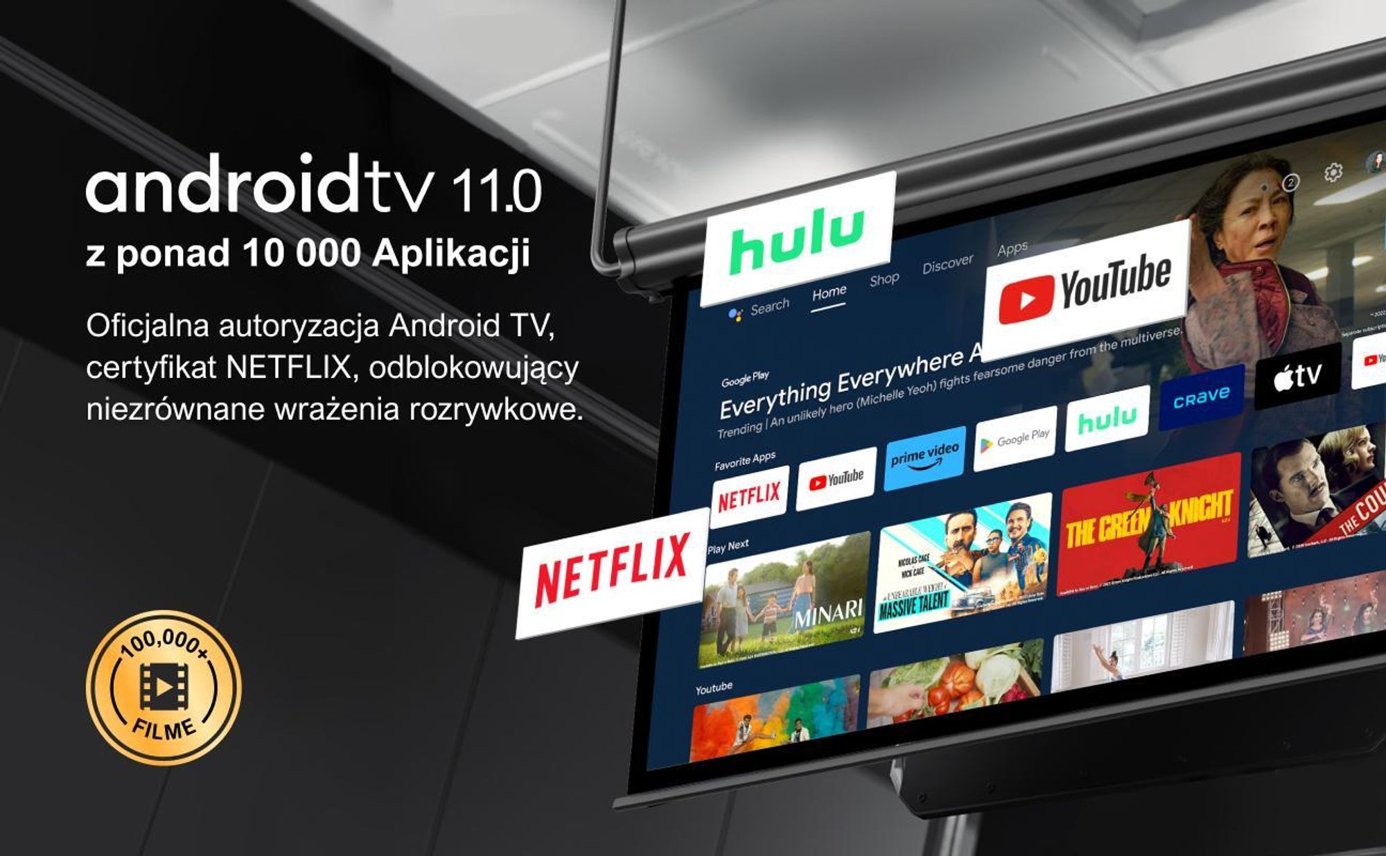 Projektor Poseidon E40, Android TV 11.0 z Netflix, projektor Dolby Audio, 2000:1, 1920 x 1080 px, uchwyt do przenoszenia, przenośny projektor Native 1080P