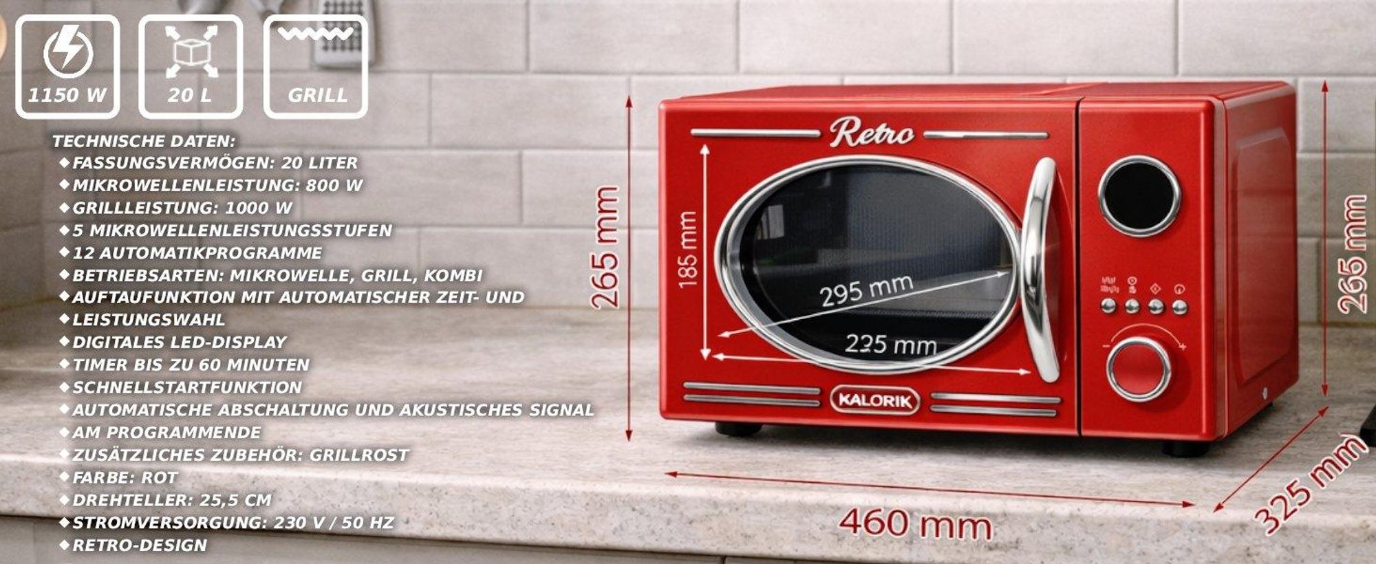 Retro Mikrowelle, rot, mit Grillfunktion MW 2600 DGR Kalorik 1150W