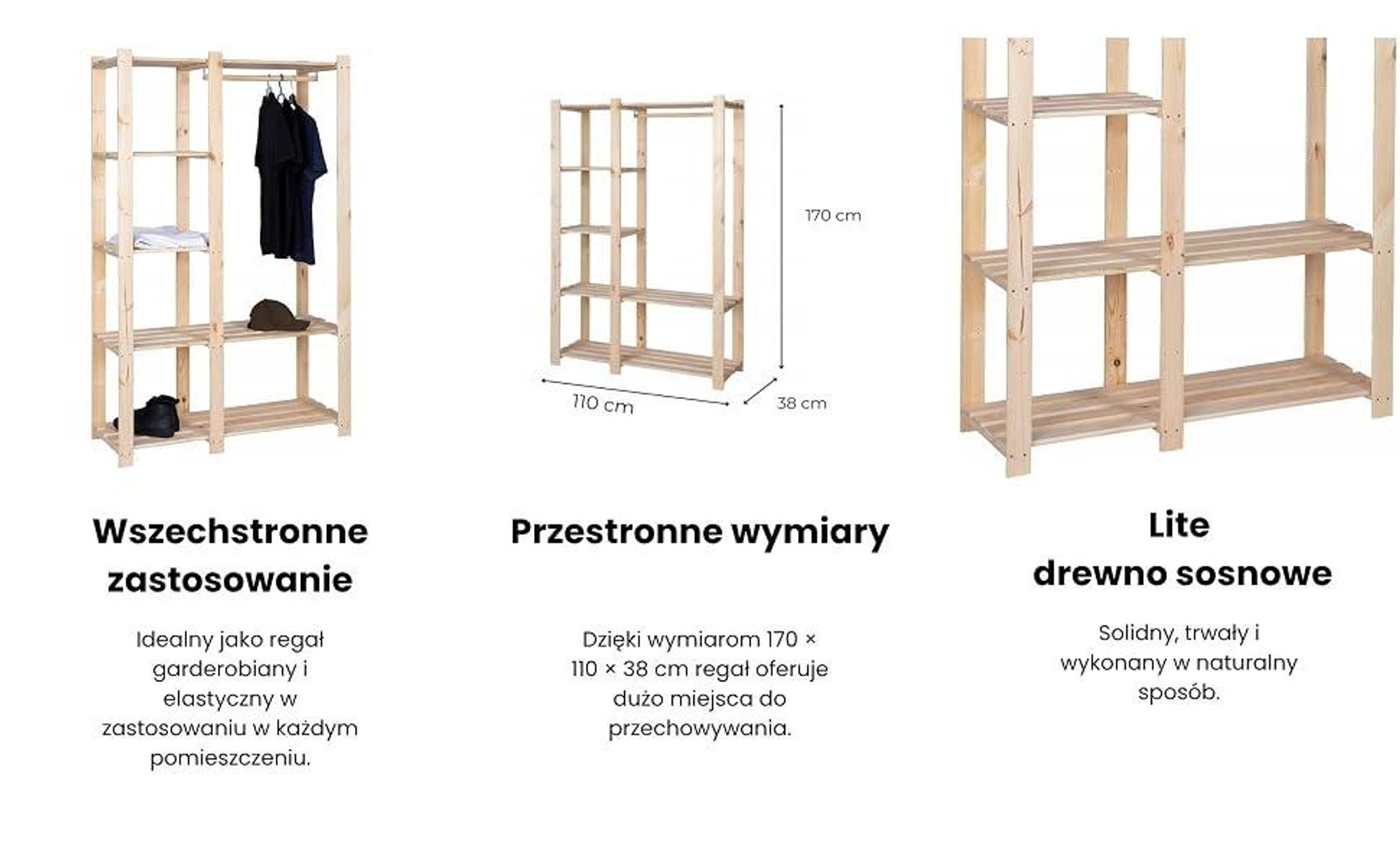 STOLMAK Regał na ubrania drewniany 110x170x38 cm z drewna sosnowego z drążkiem regał do garderoby do sypialni i salonu naturalny