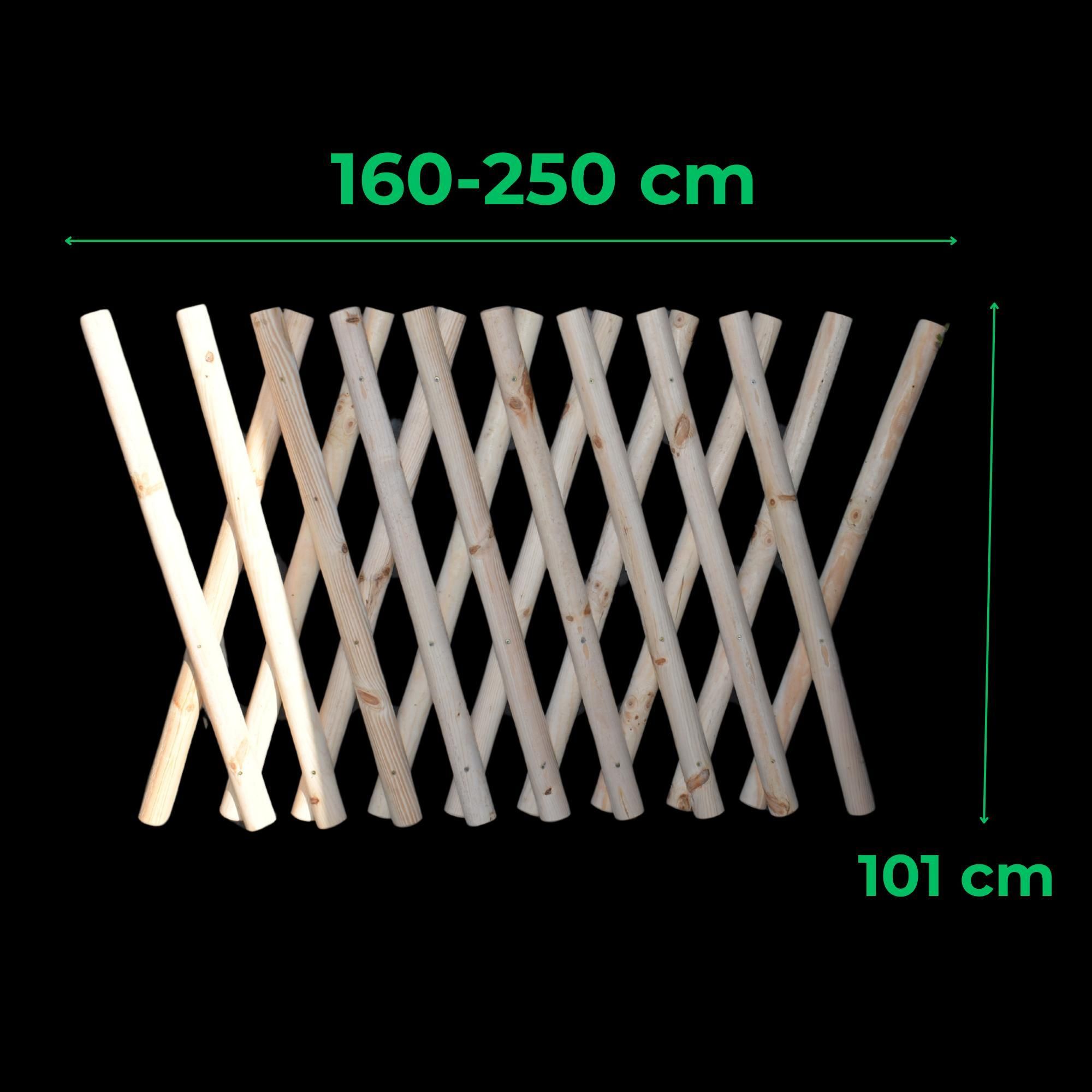 TIMBERMIK Jägerzaun 160–250 cm aus Kiefernholz – 101 cm hoch, ausziehbar, naturbelassen, Spalier Rankgitter, Wildzaun, Holzgitter für Garten Deko