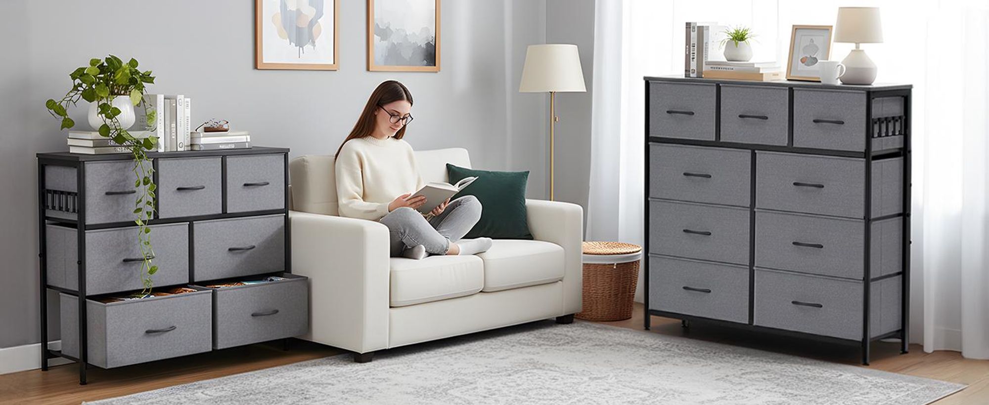 HOKEEPER Kommode, Chest of Drawers, 7 Schubladen aus Stoff mit Griffen, Komodenschrank Schlafzimmer mit Holzplatte, Sideboard Flur für Küche Büro