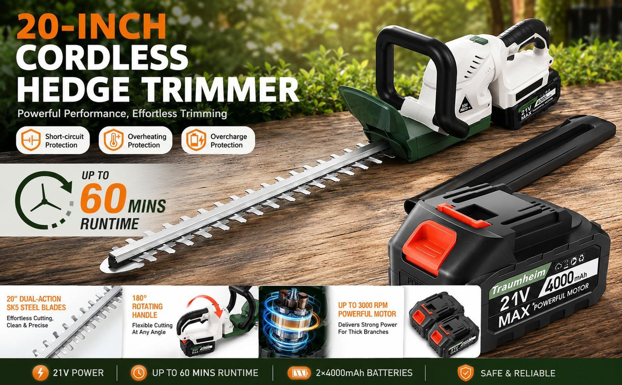 Akku-Heckenschere 21V, 2×4000mAh Akkus/8000mAh gesamt, 3000 U/min, bürstenloser Motor, 20 Zoll Klinge, 19 mm Schnitt, 180° Drehgriff, inkl. Ladegerät