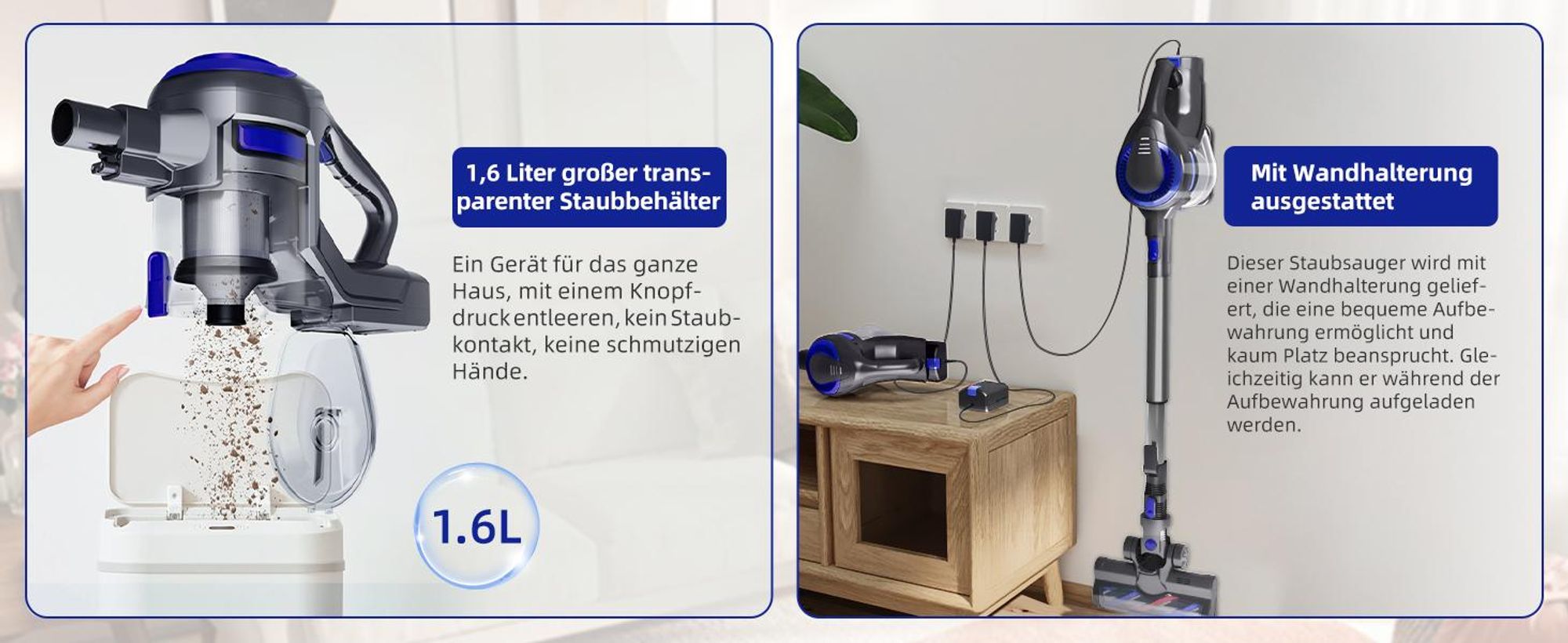 55000PA Akku Staubsauger, Staubsauger Kabellos,Kabelloser Staubsauger,8 in1 Akkustaubsauger Bürstenloser Motor bis zu 55min,für tierhaare,500W,4HEPA