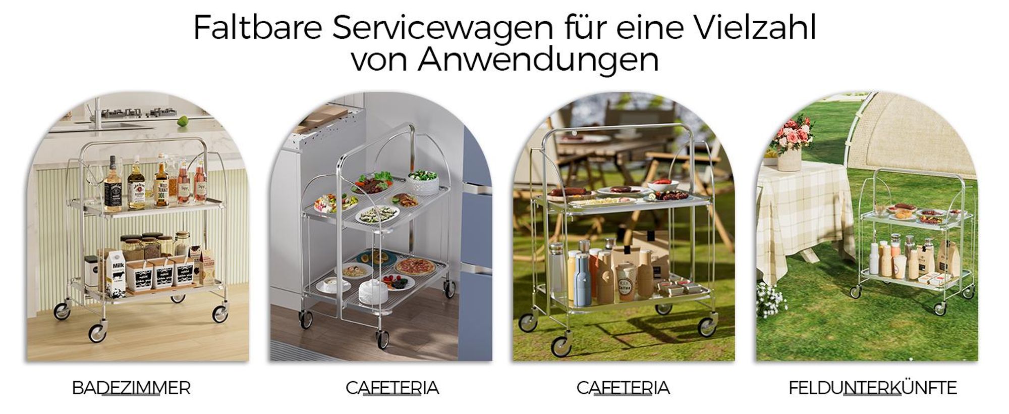 Servierwagen klappbar mit 2 Ebenen, Küchenwagen Mobil, Rollwagen, 68 x 40 x 80 cm, Aufbewahrungswagen für Küche, Wohnzimmer, Garten, Silber