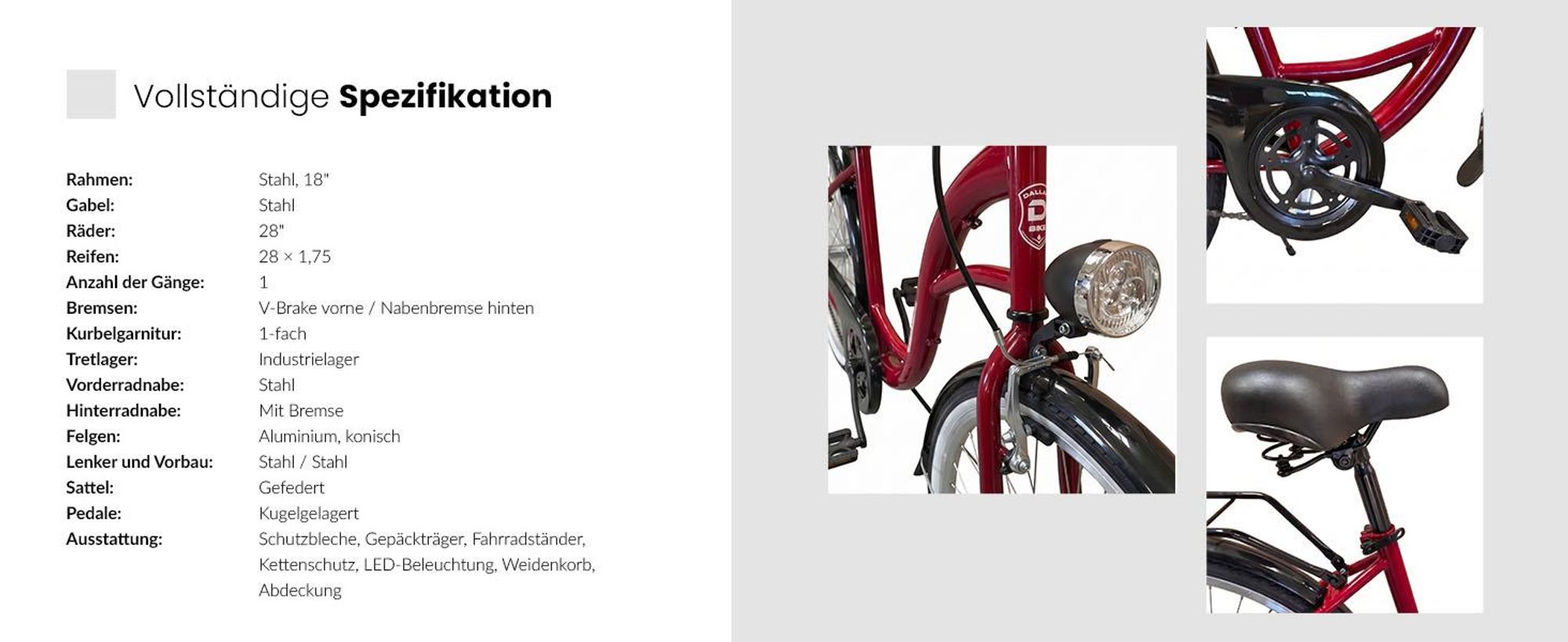 Dallas Bike Damenfahrrad 28 Zoll - Mit Weidenkorb - 1-Gang Rücktritt - Rahmen M 18" - Rot-Schwarz