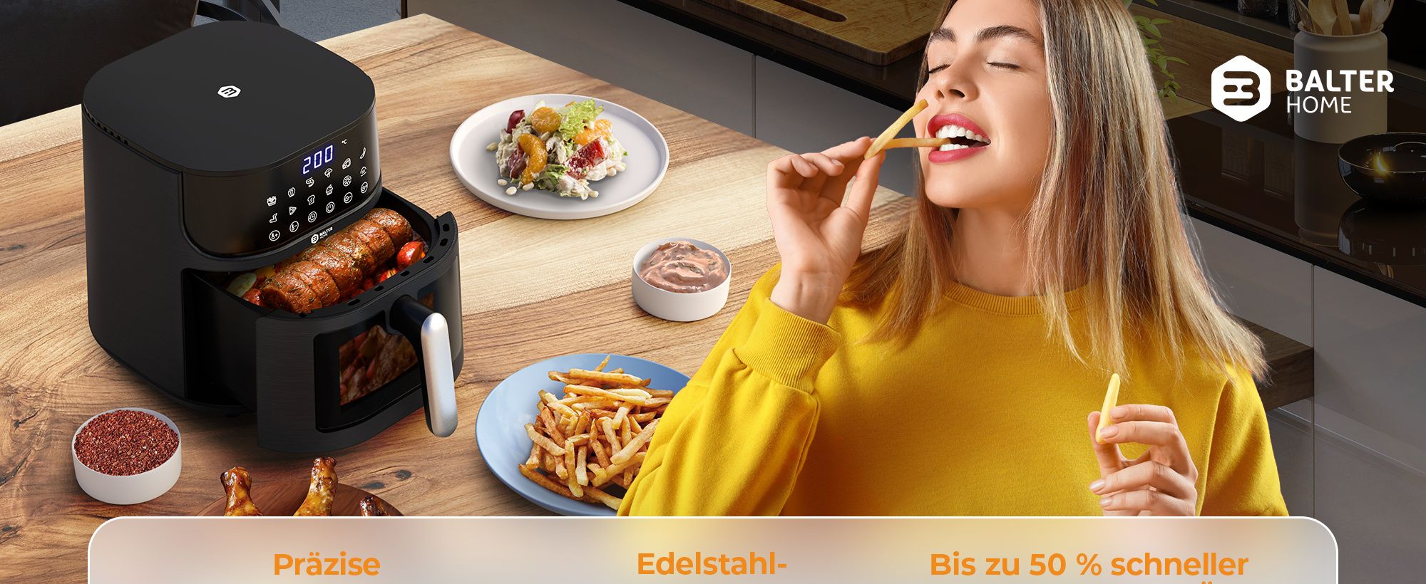 Balter Heißluftfritteuse XXL 5,5L mit Sichtfenster, 1500W, Airfryer, ohne Öl, 12 Programme, Touch-Bedienung, 100 Rezepte, Edelstahl, Schwarz