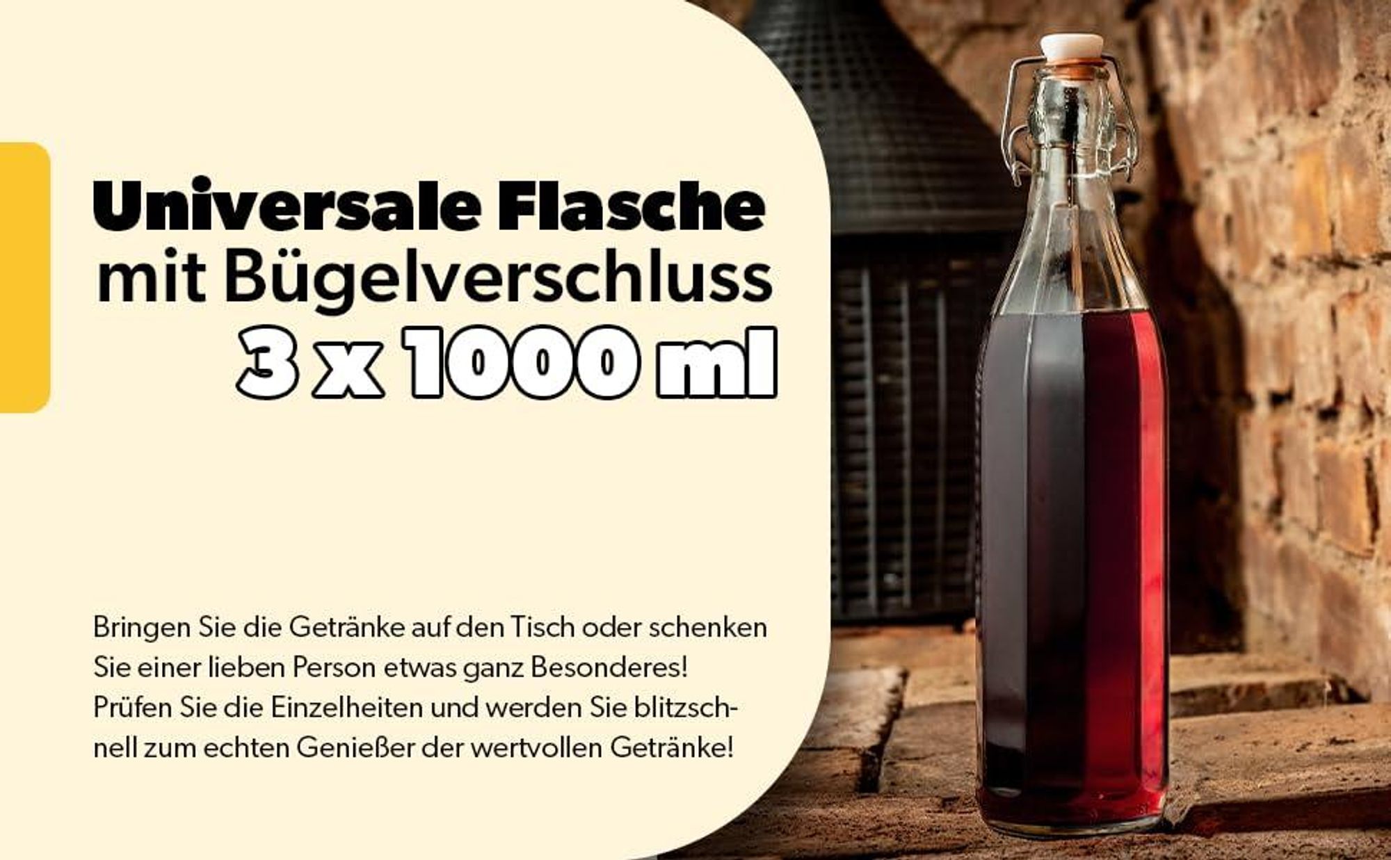 KADAX Universale Flasche mit Bügelverschluss "Tore", Glasflasche, Saftflasche, Transparent, 1000 ml, 3 Stück