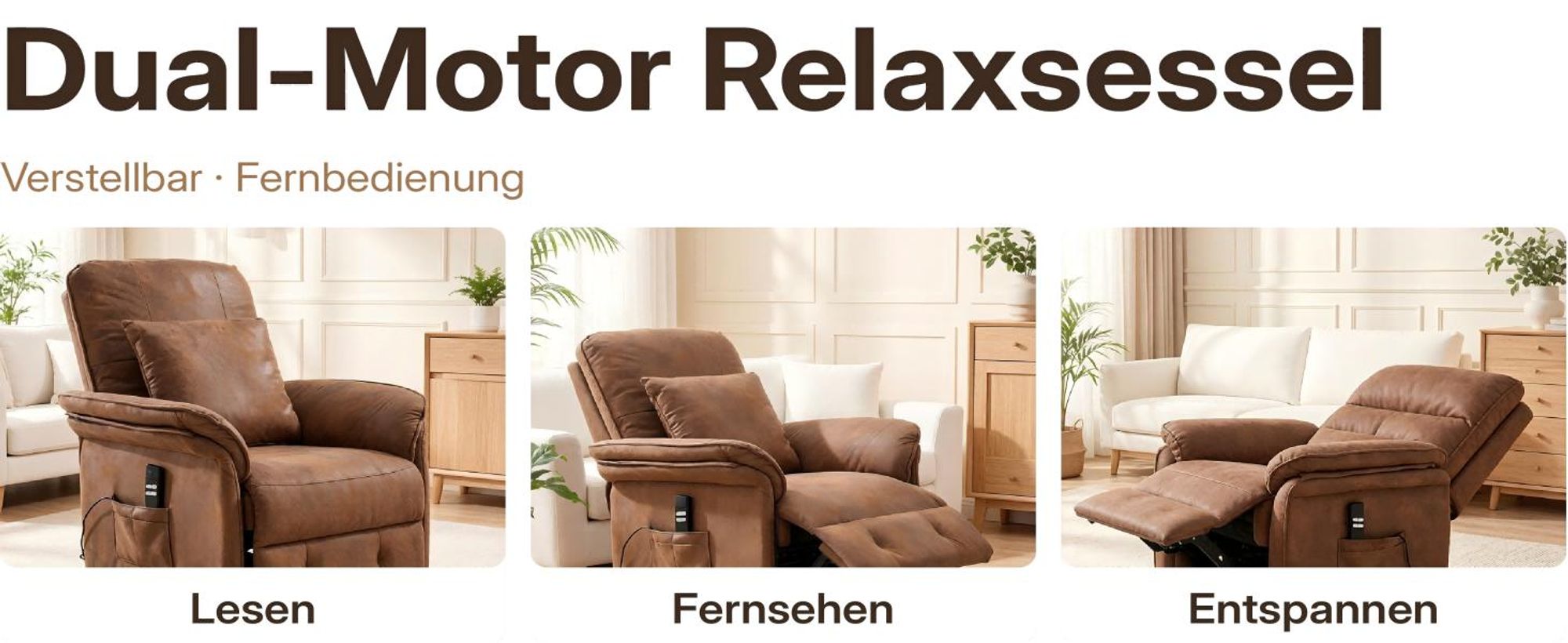 2 Motoren fernseh- & relaxsessel,Elektrischer Relaxsessel Braun , TV Sessel mit Liegefunktion & Rollen