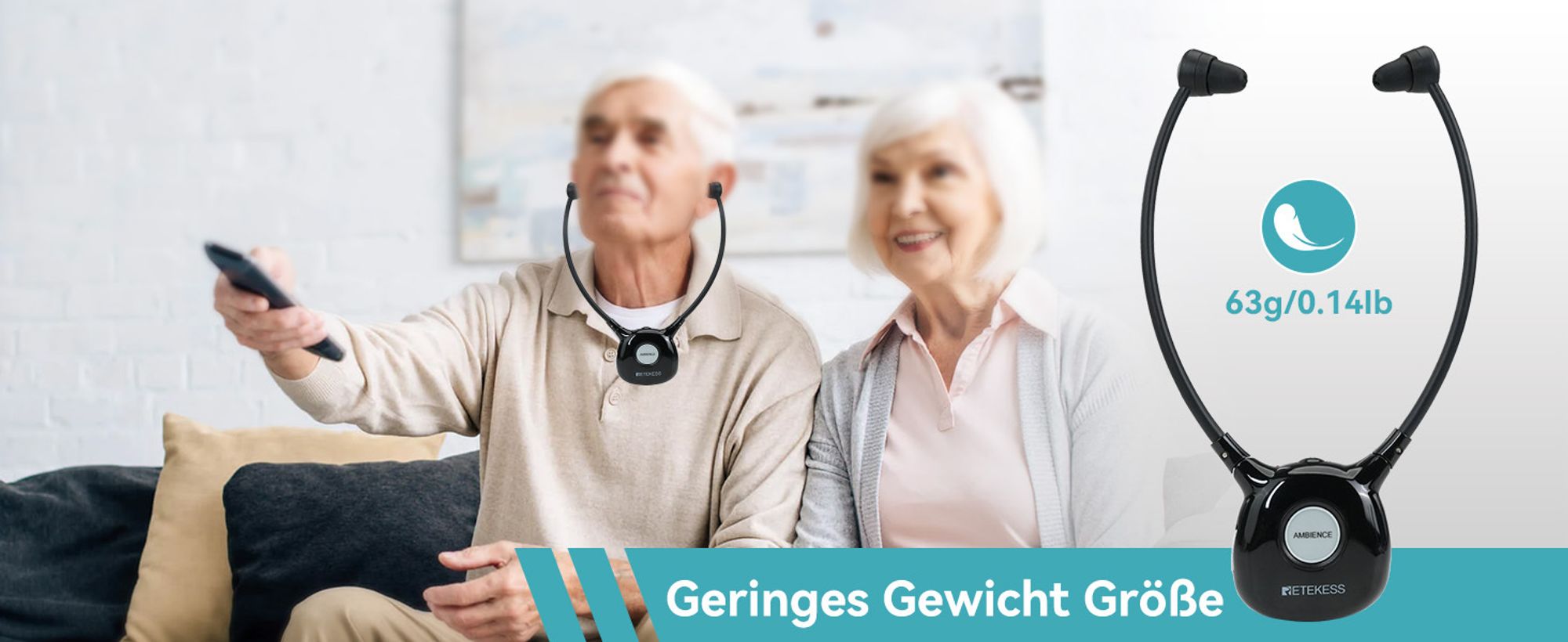 Retekess TA008 Kabellose Kopfhörer für Fernseher, Kopfhörer Tv, 2.4G Low Latancy, Ein Schlüssel-Hörverstärker, Einstellbare Dämpfung, Duale Batterie -