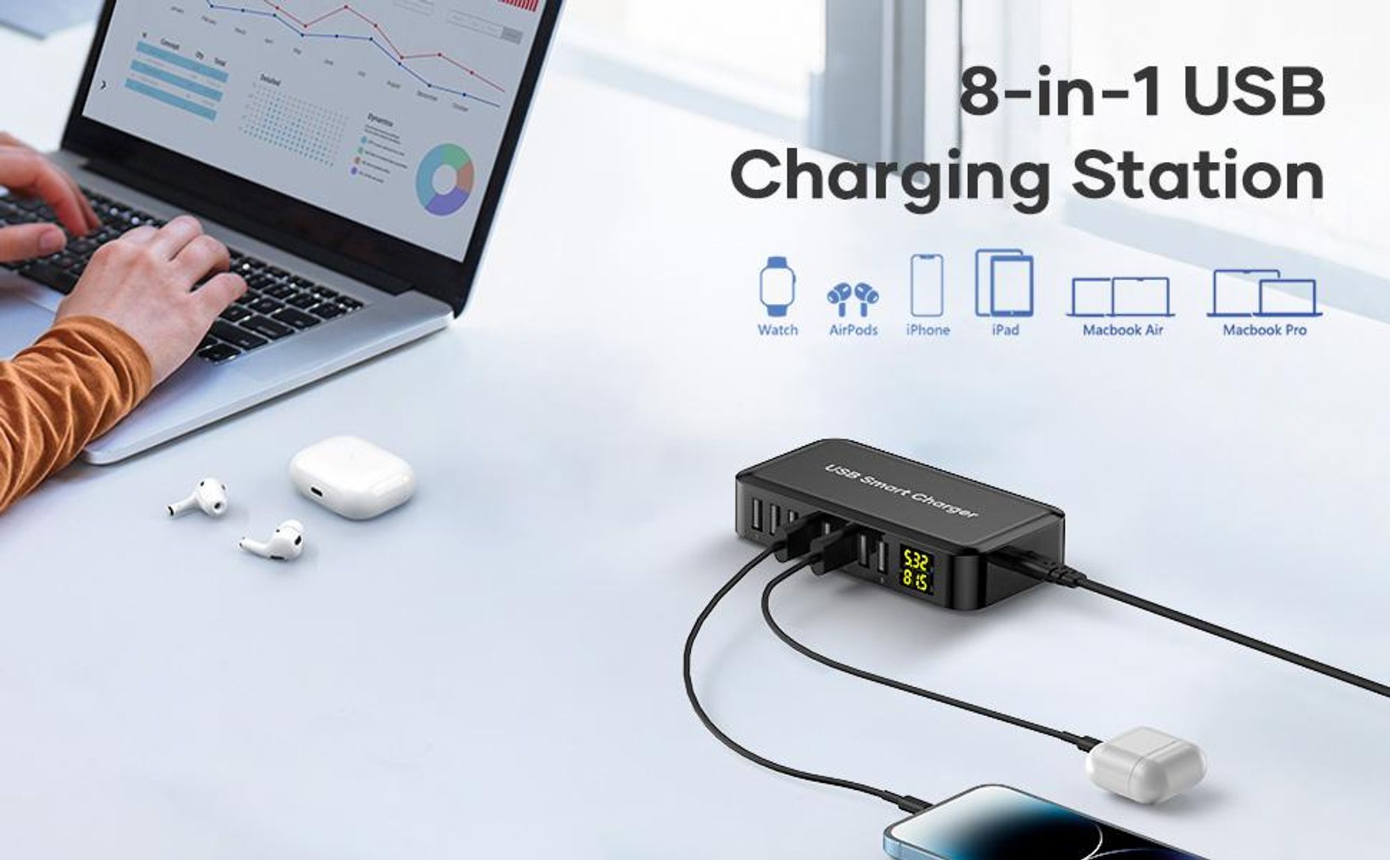 USB Ladegerät, USB Ladestation, 40W 8A 8-Port Ladestation, mit LCD-Display, für iPhone/ Huawei/ Xiaomi/ Samsung/ OPPO/ VIVO