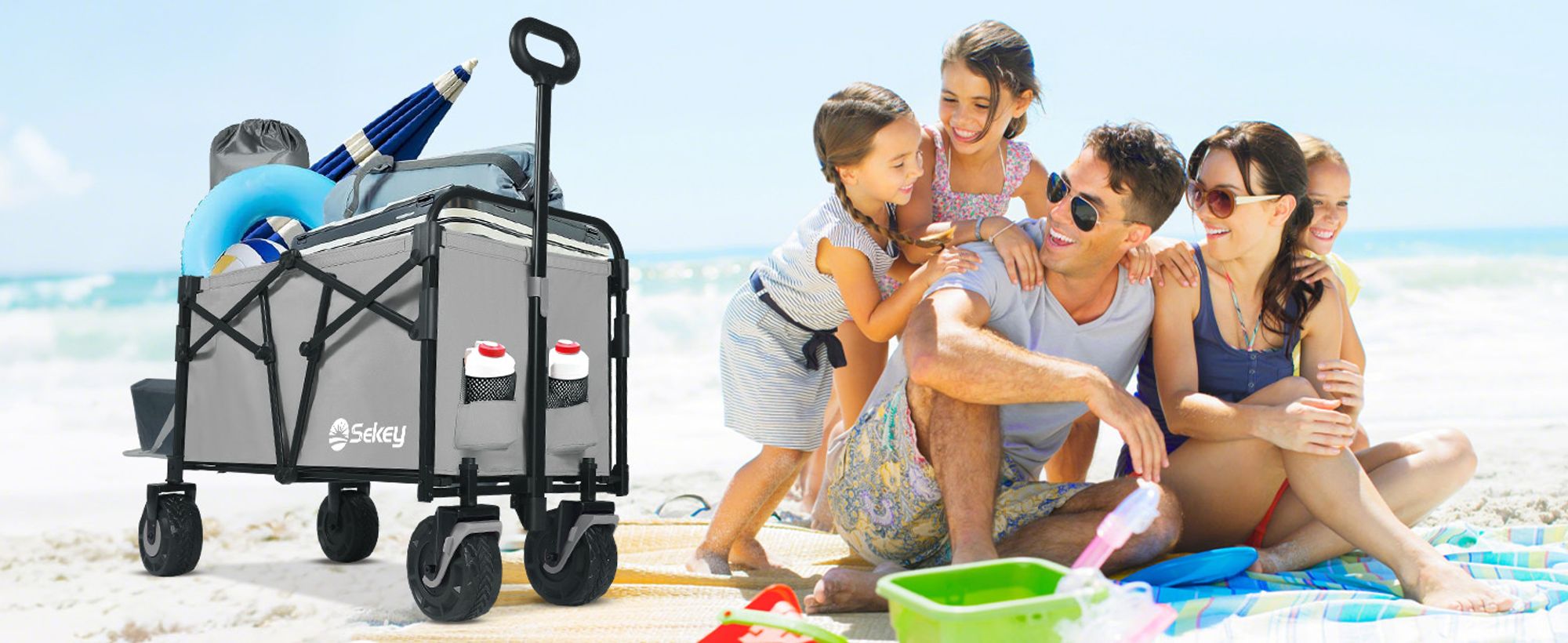 Sekey Faltbarer Bollerwagen 200 kg, mit Heckklappe und breiten Blasformrädern für den Strand, Grau