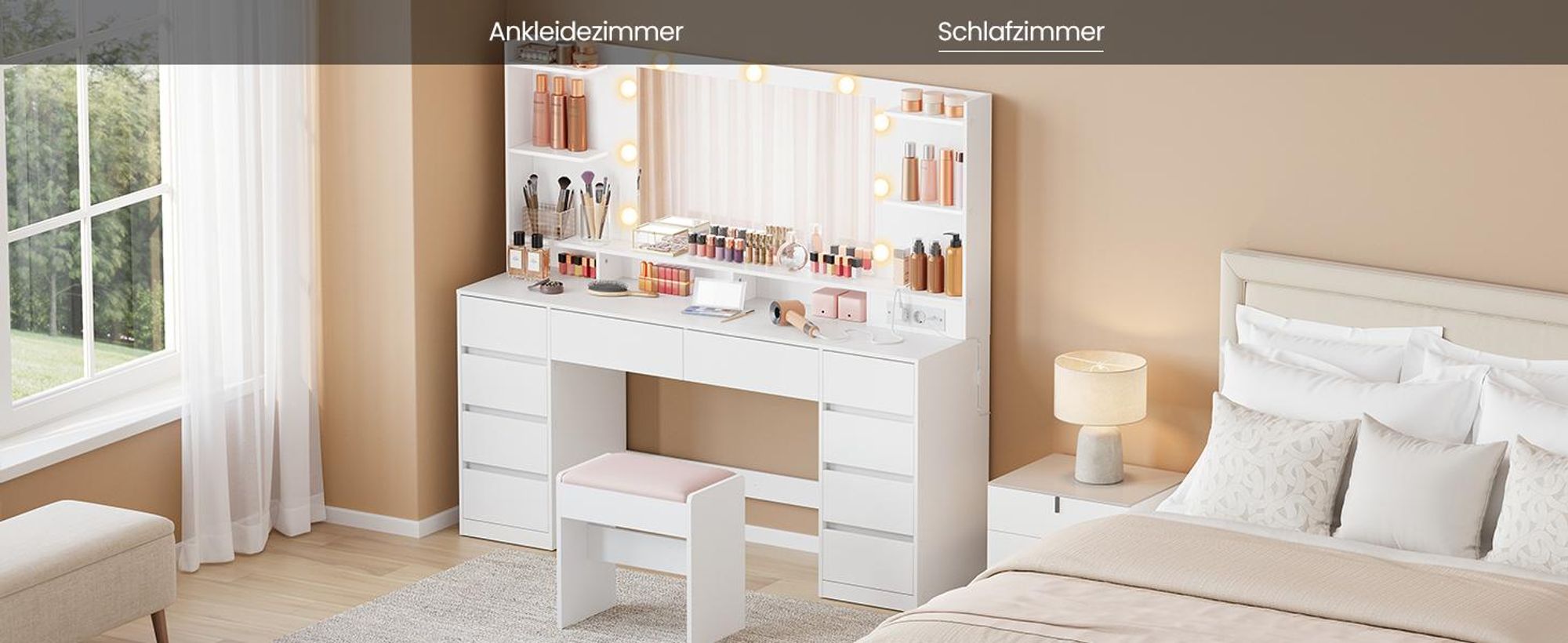 VASAGLE Schminktisch mit Spiegel und Beleuchtung, 10 Schubladen und Ladestation, 137 x 40 x 144,3 cm, Weiß