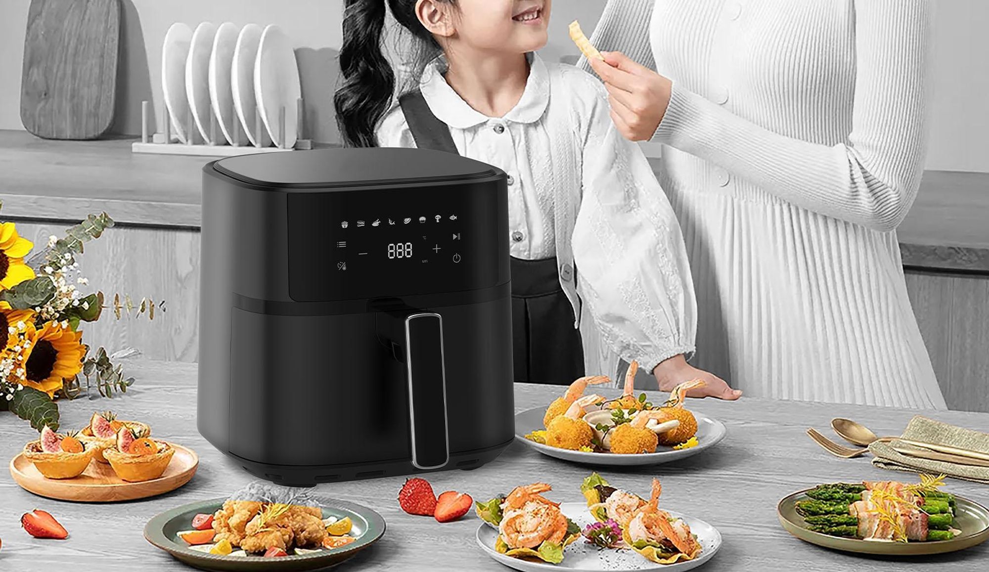Heißluftfritteuse, 6,5 L Airfryer, Fritteuse Ohne Fett mit Metallinnenraum, 1700W Heissluftfriteuse mit 8 Kochprogramme Digitalem Display
