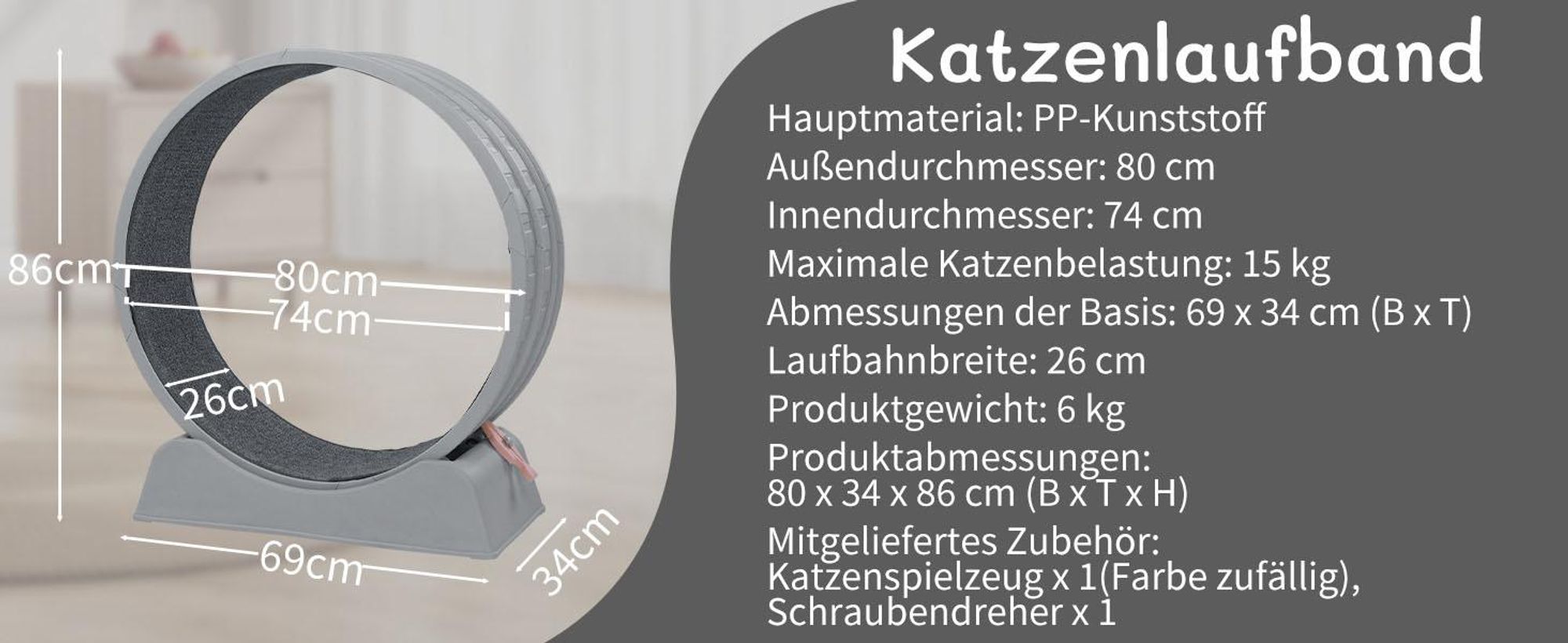 FCH Katzenlaufrad, Laufband für Katzen, Innendurchmesser 80cm, PP-Kunststoff, leise Laufband und Sicherheitsschloss-Design, Grau