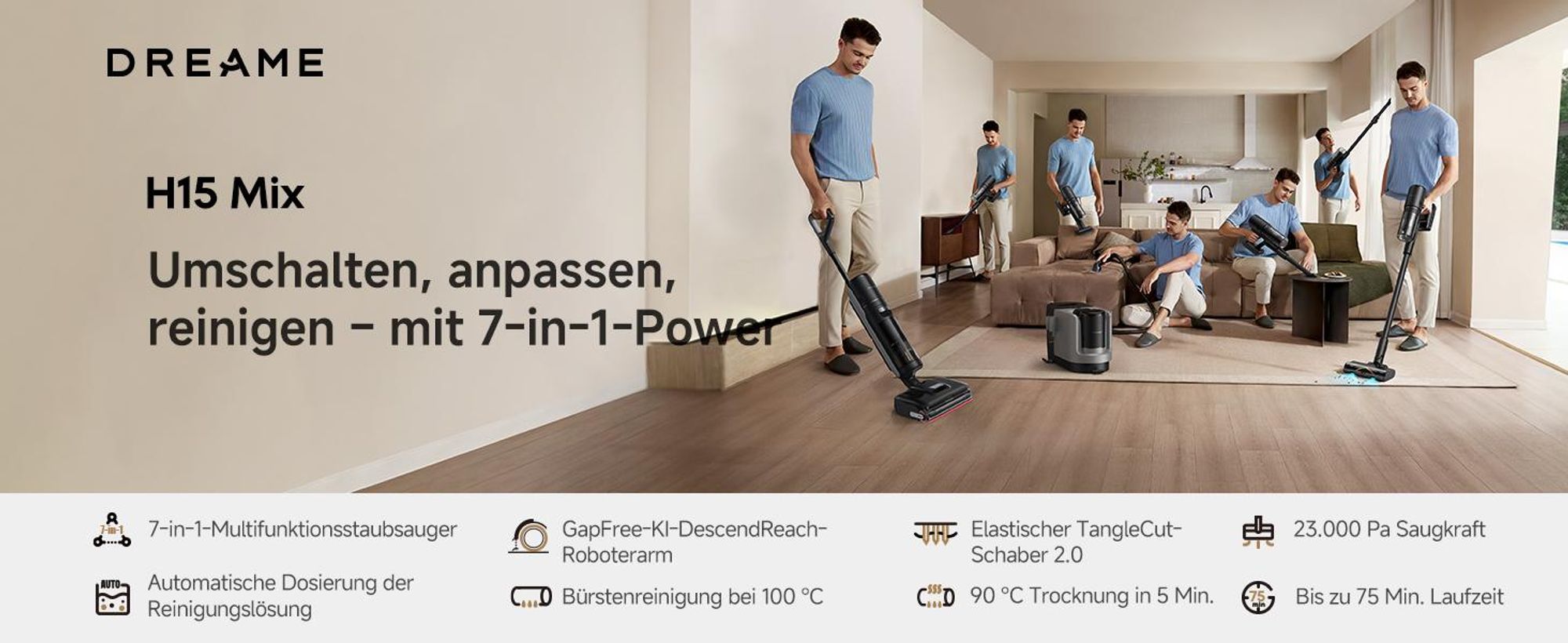Dreame H15 Mix 7in1 Nass- und Trockensauger,KI-Roboterarm,Kantenreinigung,23kPa Saugkraft,verhedderungsfrei,100°C Bürstenrein,90 °C Trocknung