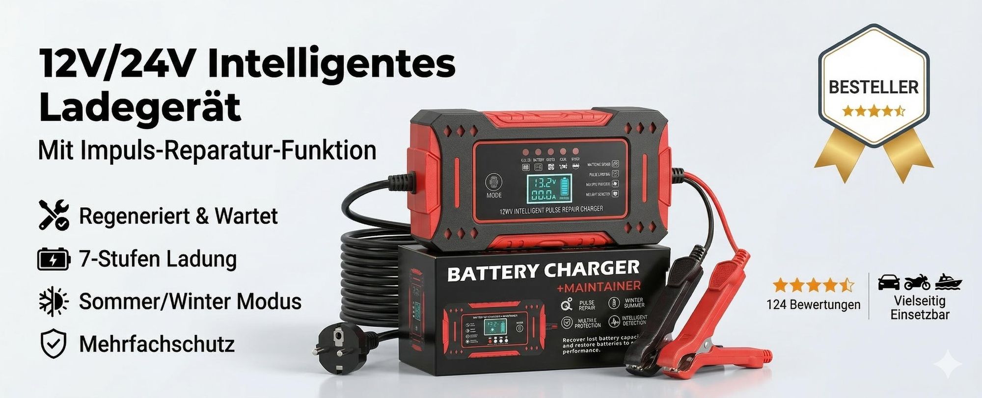 Intelligentes 12V KFZ Batterieladegerät, Autobatterie Ladegerät mit LED-Display, Batterie Ladegerät - EMERGIX