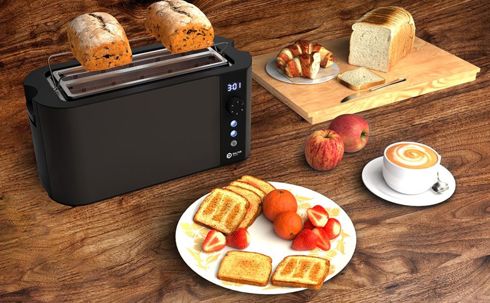 Balter Toaster 4 Scheiben, Edelstahl, Langschlitztoaster mit Brötchenaufsatz, 1500W, LCD Display, Defrost-/Aufwärmfunktion, Krümelschublade, Grau