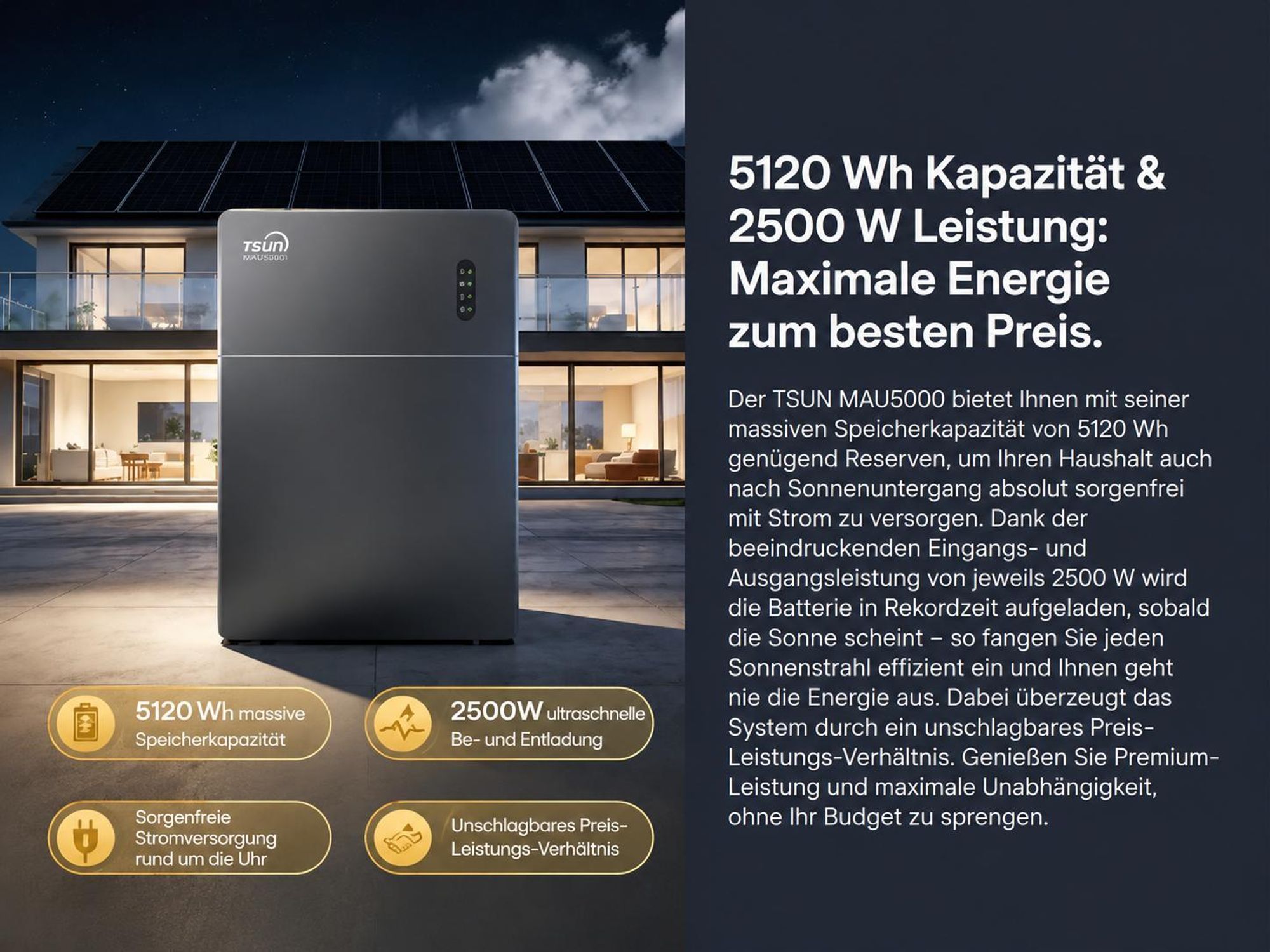 TSUN MAU 5000  5 kWh Balkonkraftwerk Speicher (bis 30 kWh erweiterbar),2500W PV Input Plug & Play (0% MwSt)
