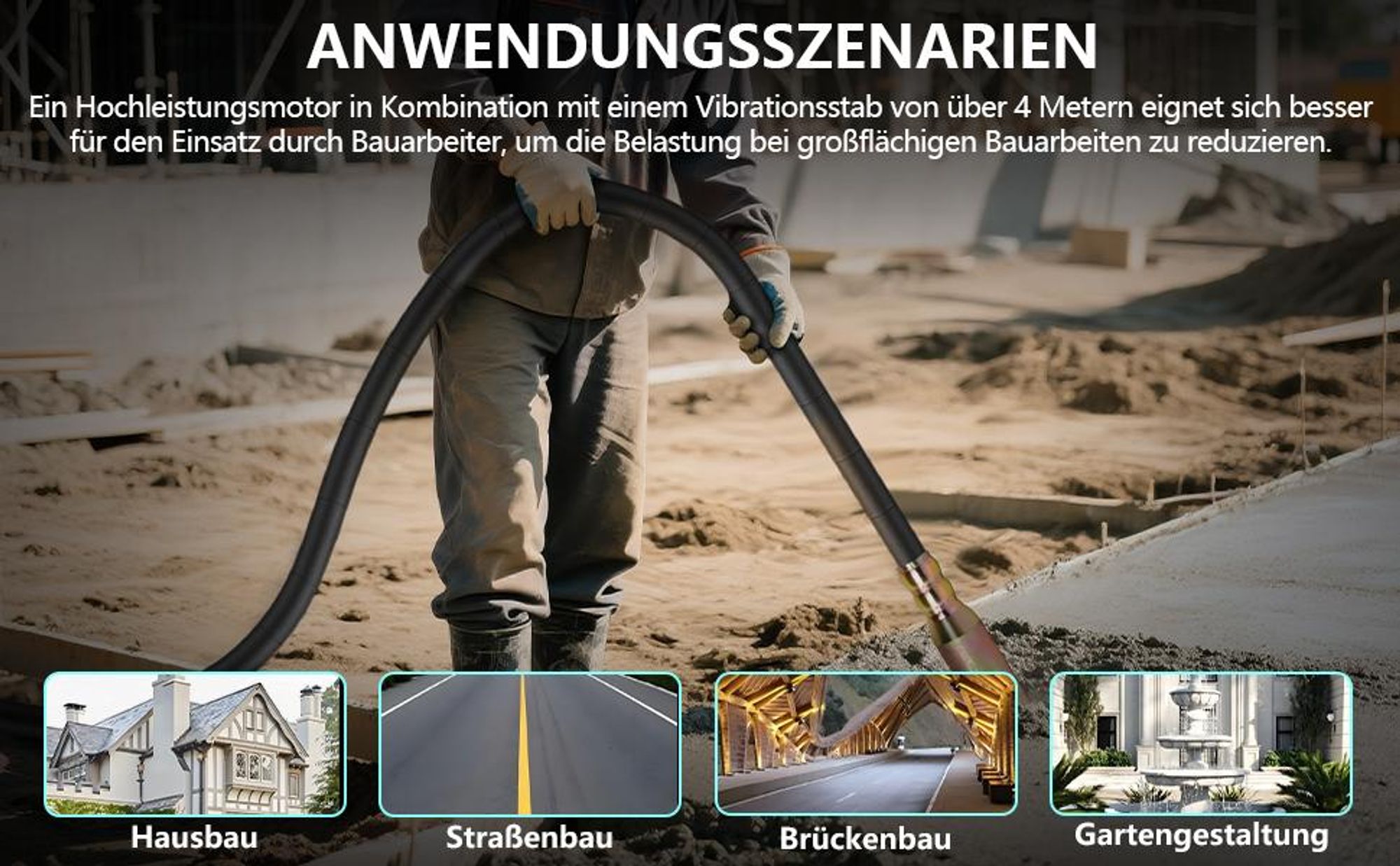 3200W 6800rpm Betonrüttler mit 50mm Schwingkopf, 6m Flexwelle Stoßfest Rahmen, Alu-Gehäuse, Betonvibrator Betonverdichter für Betonverdichtung