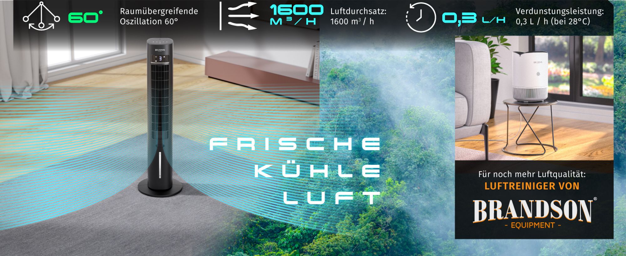 Schwarzen Turmventilator verteilt frische Luft im Raum, daneben Daten zur Leistung
