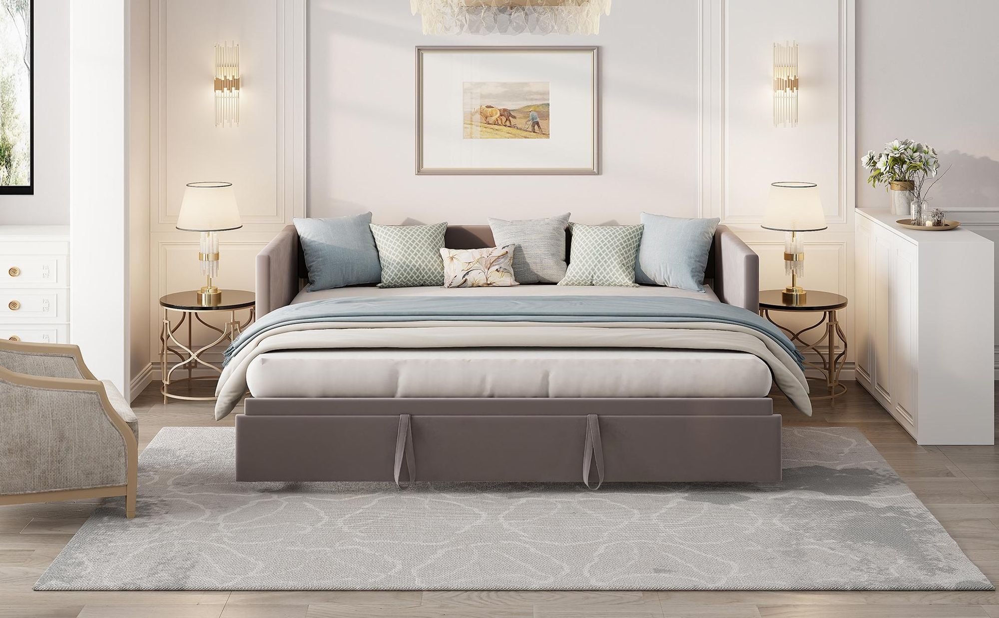 INONEFT Schlafsofa 90/180 x 200 cm, Tagesbett Ausziehbar Sofabett mit Lattenrosten, Polsterbett für Erwachsene, Samtstoff, ohne Matratze, Grau
