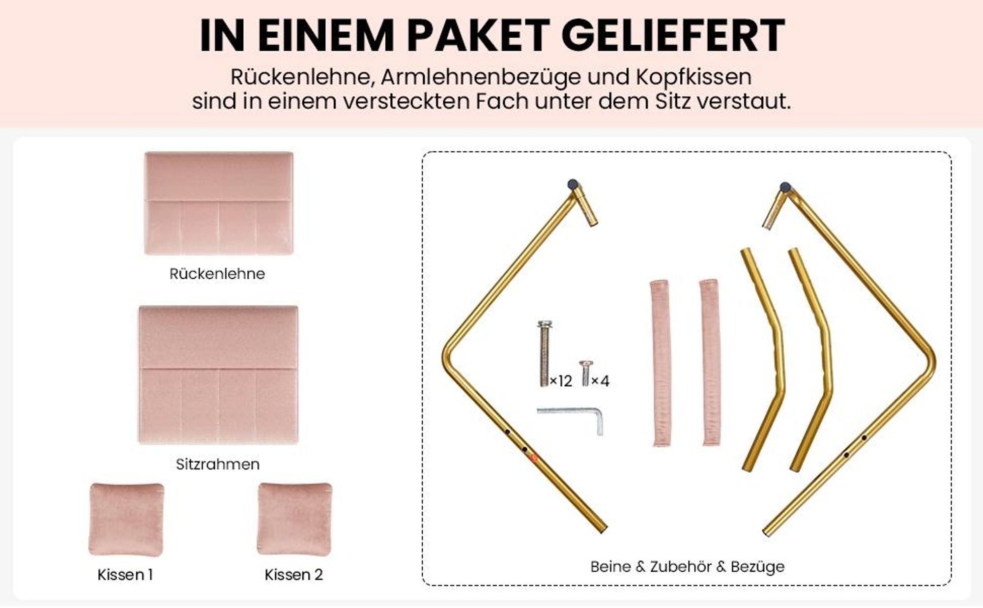 Yaheetech Samtiger Sessel Polstersessel, mit Metallbeinen & Lendenkissen, Einzelsessel Loungesessel, Rosa