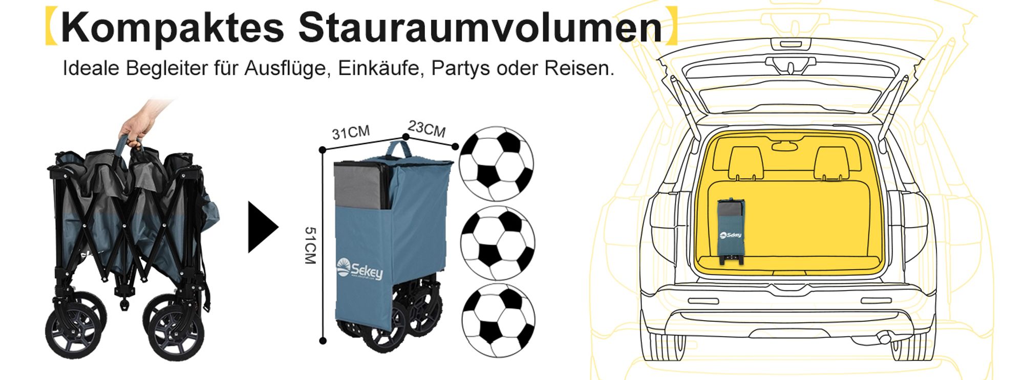 Sekey XXL 200KG Belastbar Bollerwagen Faltbar mit Spanngurte, 17x4 cm Reifen, Blau und Grau