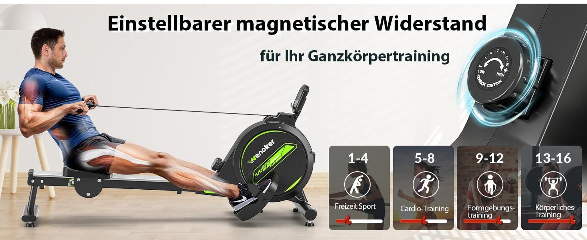 Wenoker Rudergerät für Zuhause mit APP, Leises Magnetisches Rudergerät mit LCD-Display, 16 Stufen Widerstand, Indoor-Gerät für das Home-Gym