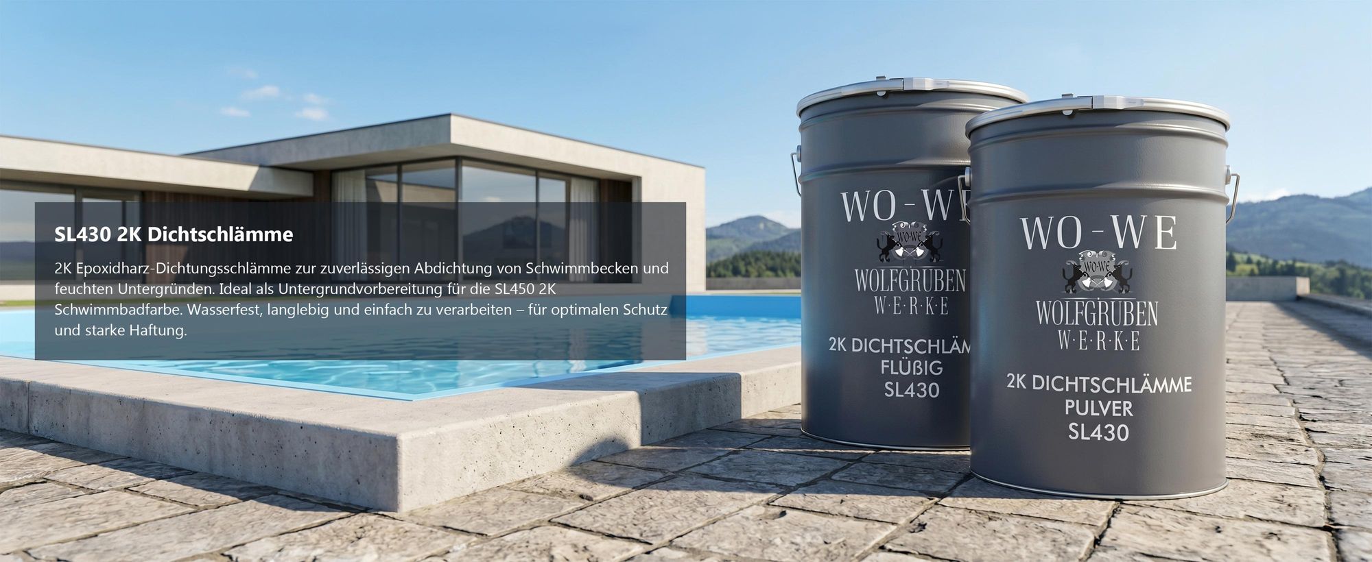 WO-WE SL430 Dichtschlämme neben modernem Pool zur Abdichtung von Schwimmbecken