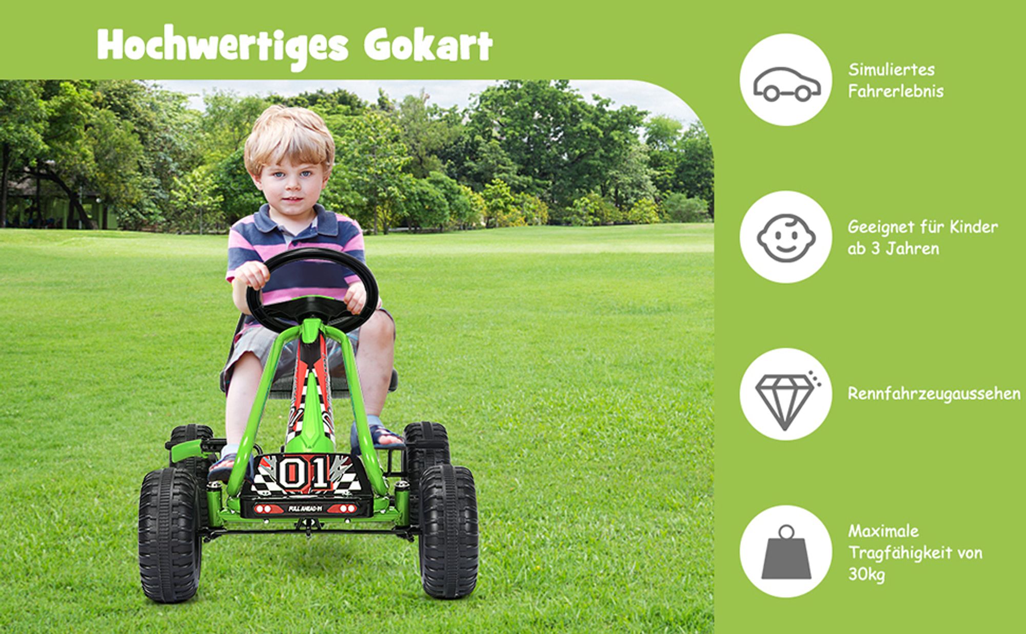 Kinder Gokart mit Handbremse & verstellbarem Sitz, Tretauto Tretfahrzeug mit geschlossenem Kettenkasten & Vor- und Rückwärtsgang,  für Kinder 3-6 Jahren, bis 30 kg belastbar (Grün)