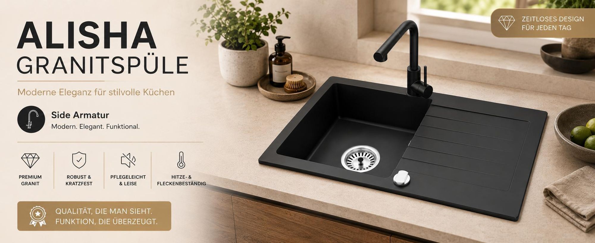 Faizee Home Granitspüle 75 x 44 cm Nachtschwarz – inklusive Armatur Side in Schwarz – eckige Einbauspüle aus Granit – beidseitig montierbar, kratzfest, hitzebeständig – modernes Spülbecken
