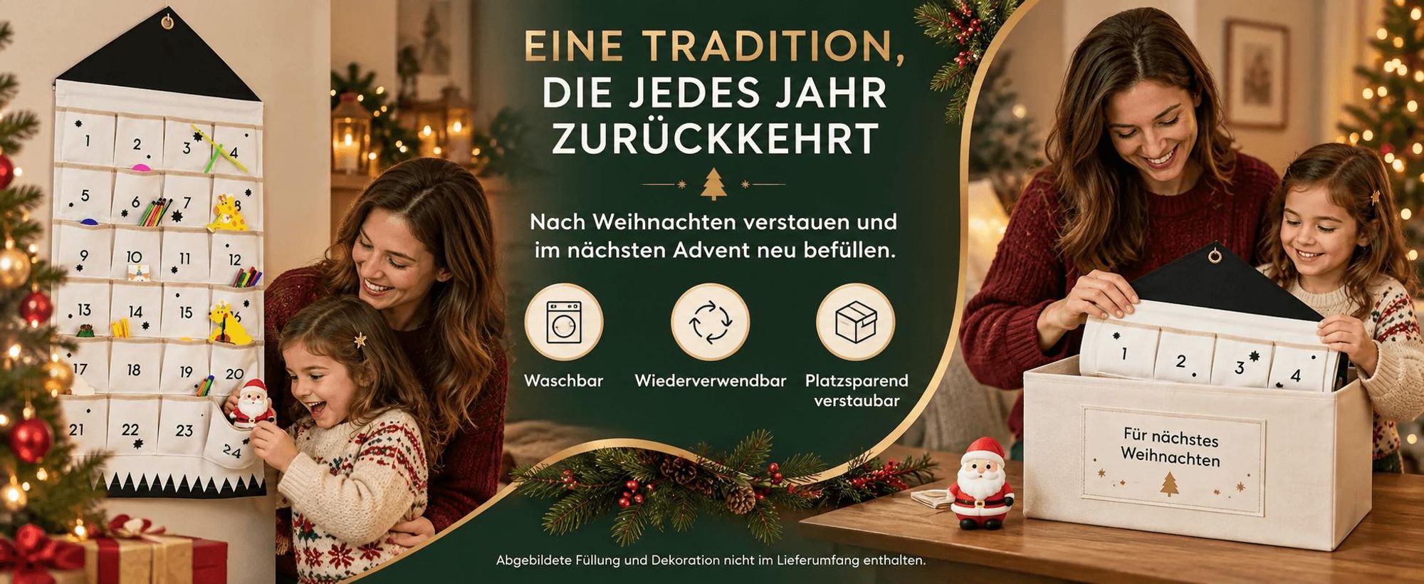 Adventskalender zum Aufhängen, 24 Taschen Stoff, befüllbar, Weihnachtsdeko, wiederverwendbar