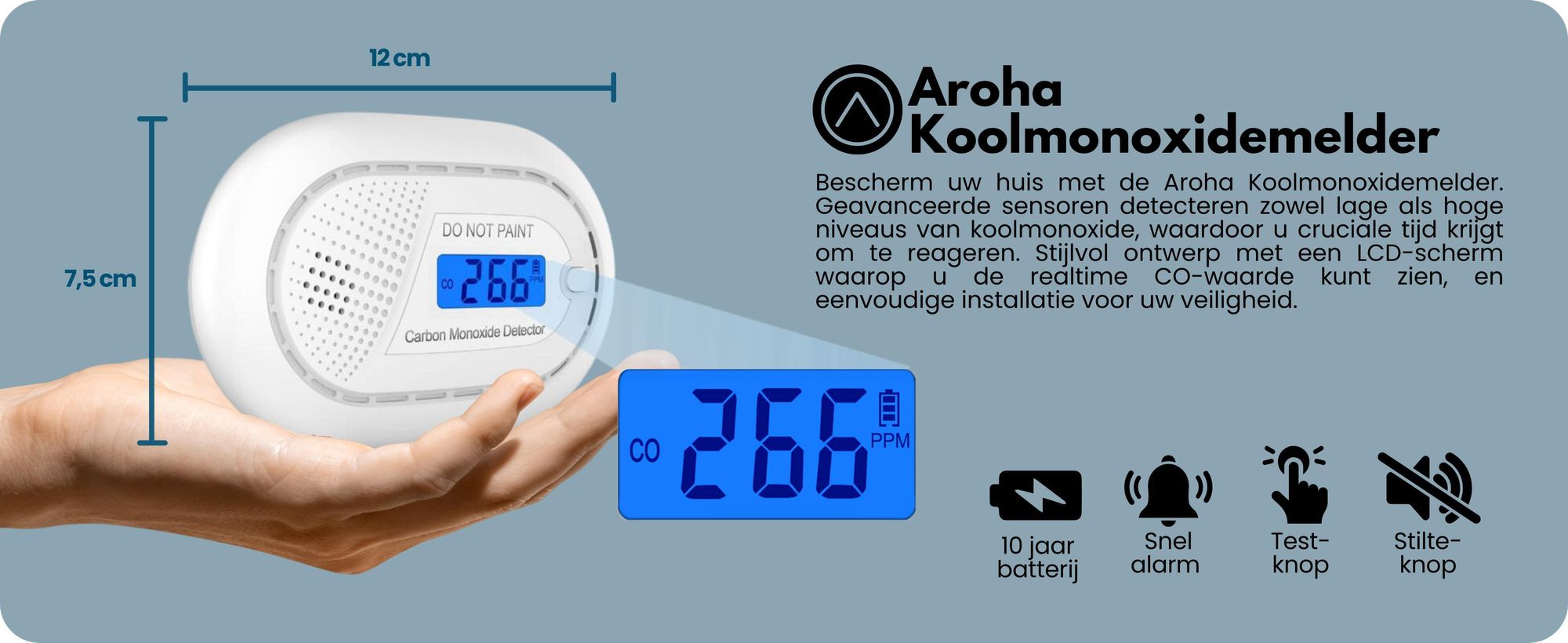 Aroha Smart Connect koolmonoxidmelder met Wi-Fi - 10 jaar batterijduur - Slimme CO-melder met Tuya & Smartlife app, geschikt voor campers - 1 set
