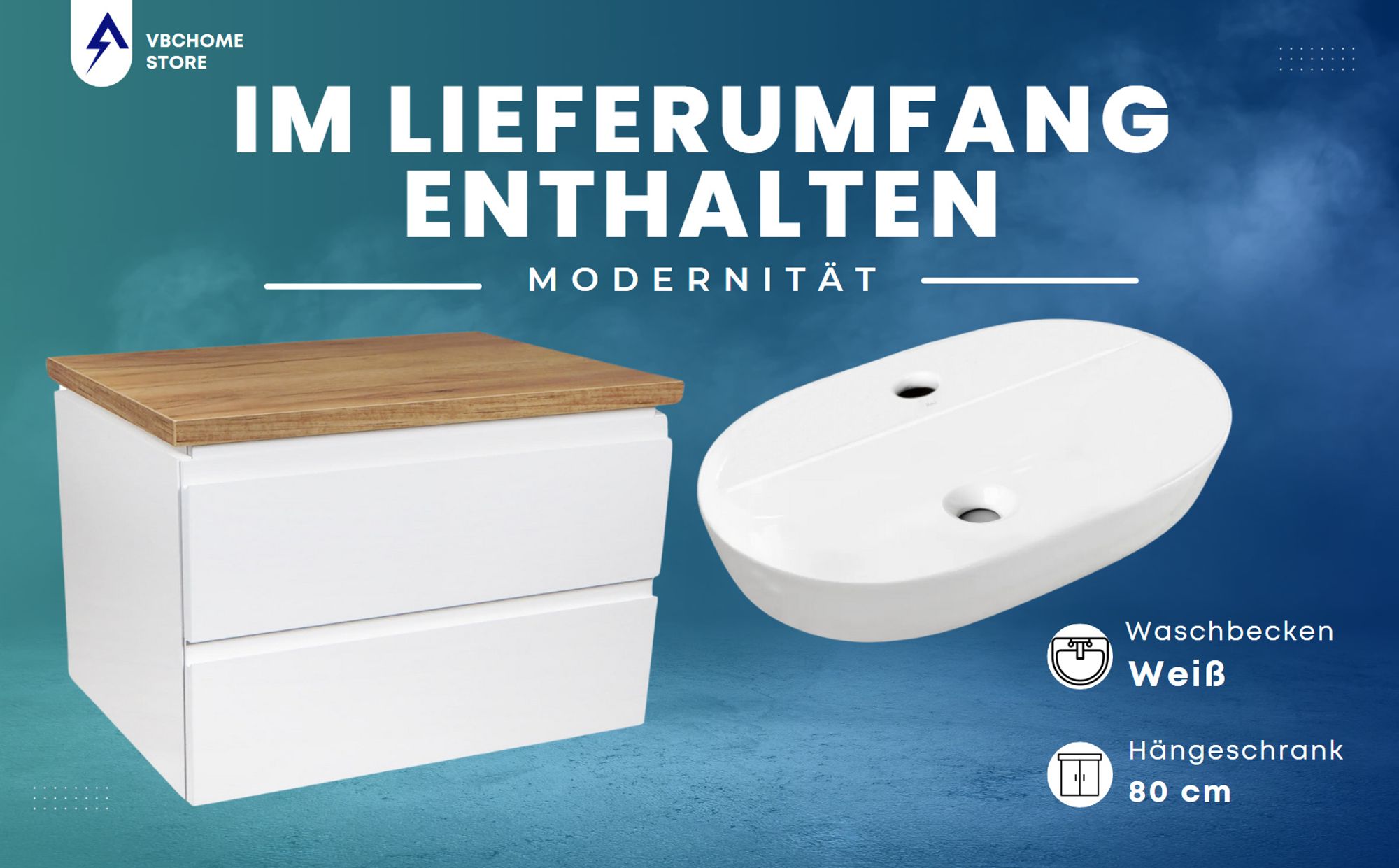 VBChome Badmöbel 80 cm Weiß Aufsatzwaschbecken mit Hahnloch 60x40 cm Aufsatzwaschtisch mit Waschbeckenunterschrank 2 Schubladen Badezimmerschrank