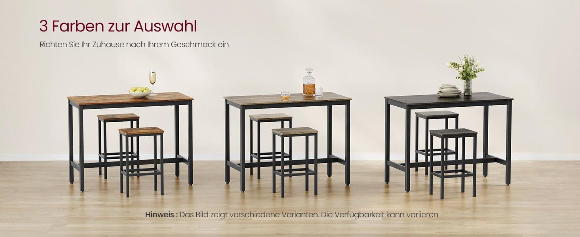 VASAGLE Bartisch Bartisch-Set, Esstisch(120 x 60 x 90 cm) mit 2 Barhochern