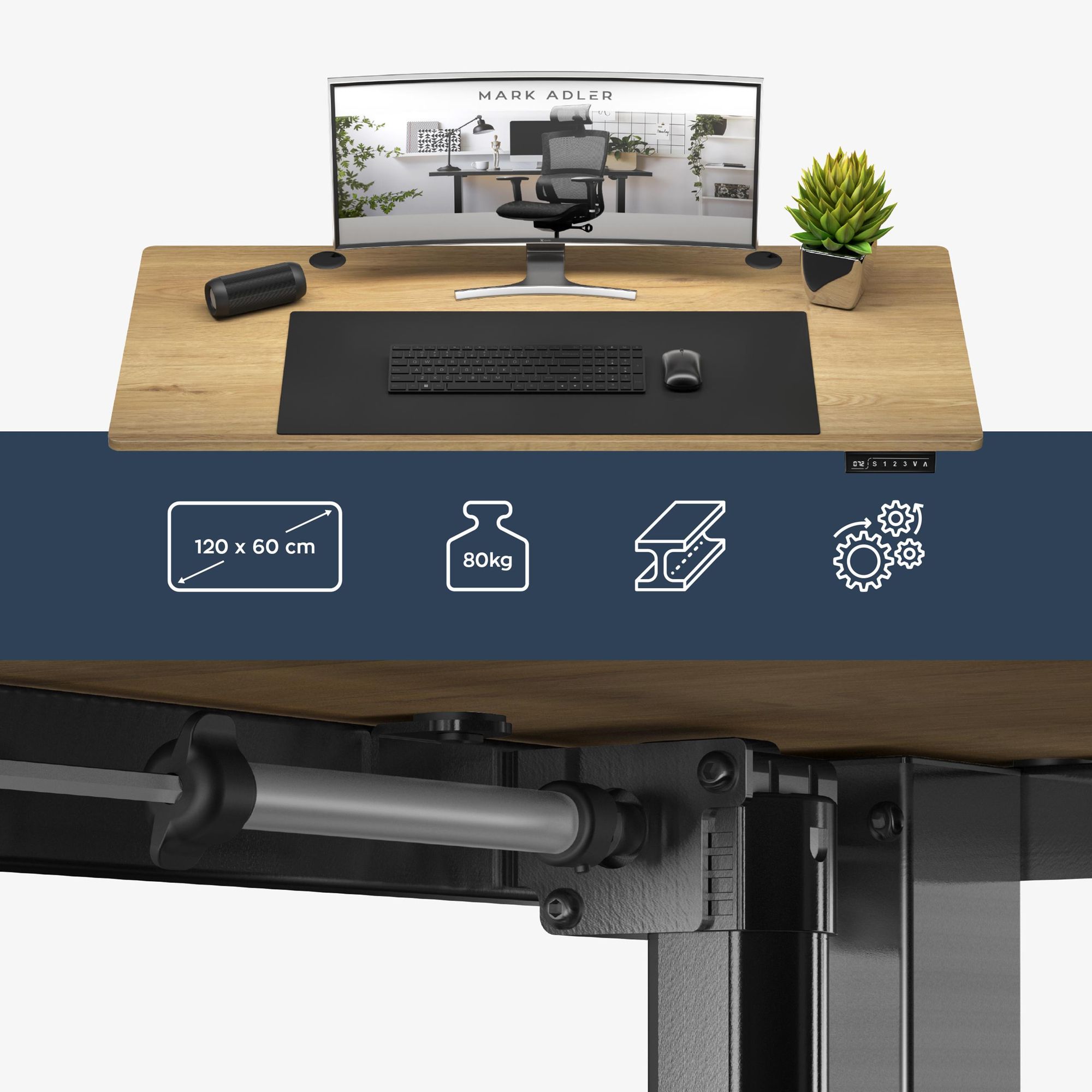 MARK ADLER Leader 7.0 | Höhenverstellbarer Schreibtisch Elektrisch Bürotisch Stehtisch | 120x60 cm | 3 Memory-Steuerung | Memoboard | Schwarz Eiche