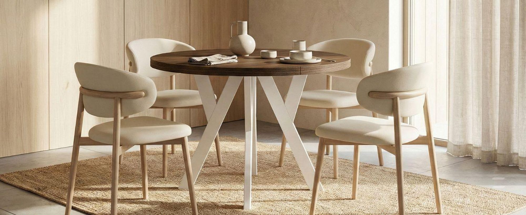 Runder Ausziehbarer Tisch für Esszimmer, PERO, Loft-Stil, Skandinavische, Durchmesser: 90 / 140 cm, Farbe: Franklin Nuss / Weiß