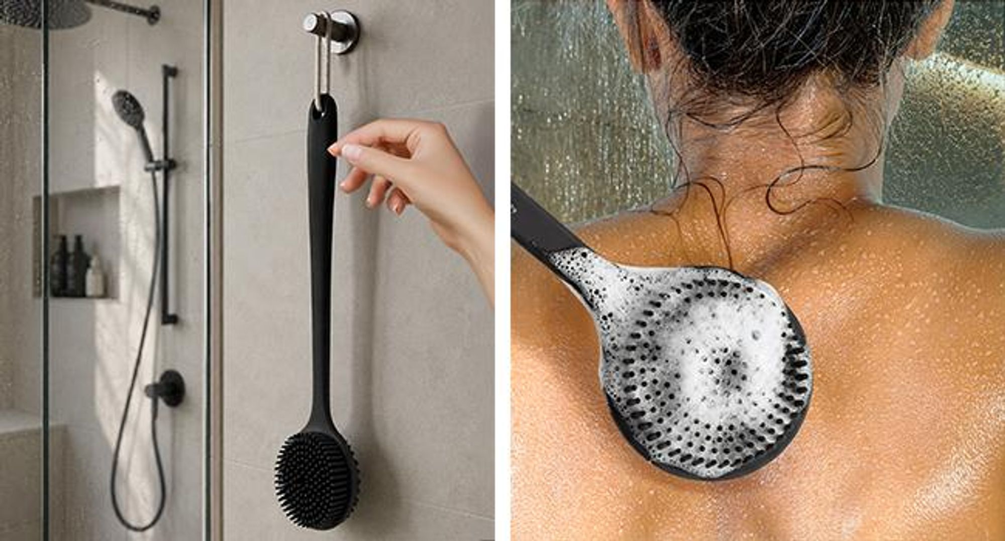 KRUMAD Silikon Rückenbürste Dusche, Körperbürste mit langem Griff 37,4 cm, Duschbürste doppelseitig, Weiches Silikon, Massage und Reinigung Bad
