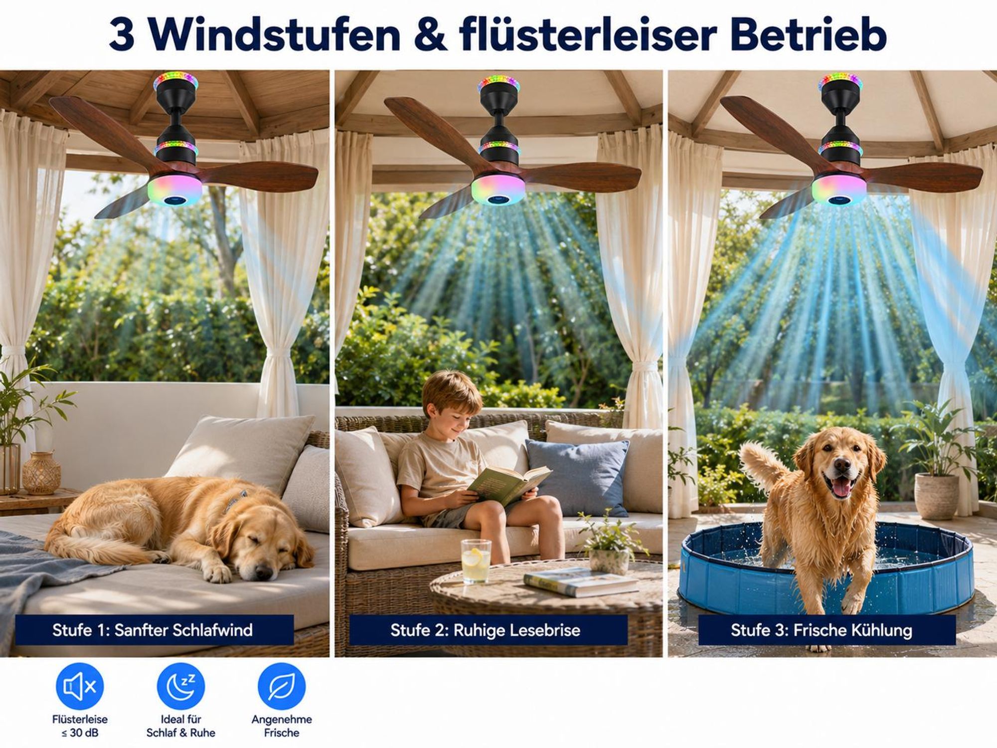 Deckenventilator mit Licht Ø60cm 48W Deckenlampe mit Ventilator Bluetooth Musik & RGB Farbwechsel 3 Geschwindigkeiten LED Dimmbar Fernbedienung