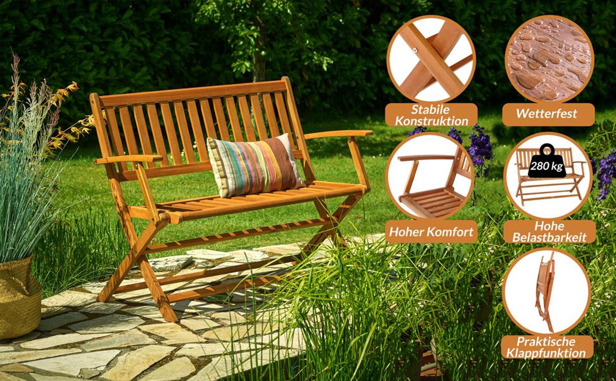 CASARIA Gartenbank 2-Sitzer FSC®-Zertifiziert, Klappbar, Wetterfest