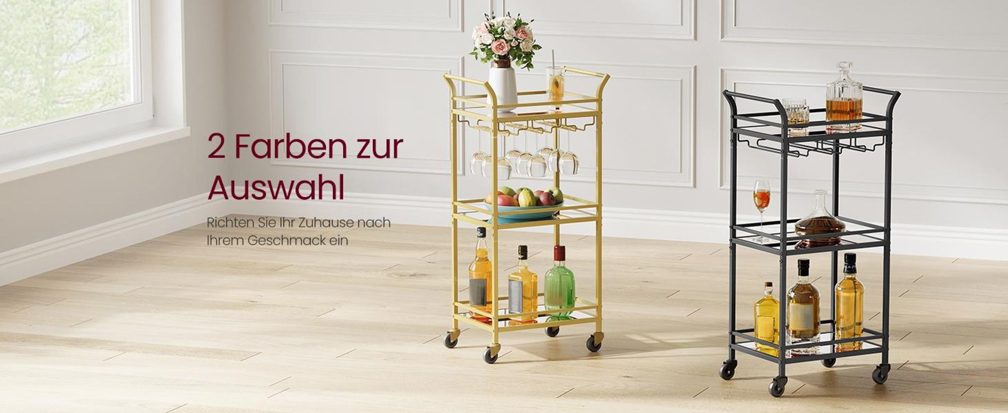 VASAGLE kleine Servierwagen, Rollwagen, verspiegelte Glasablagen, schwarz
