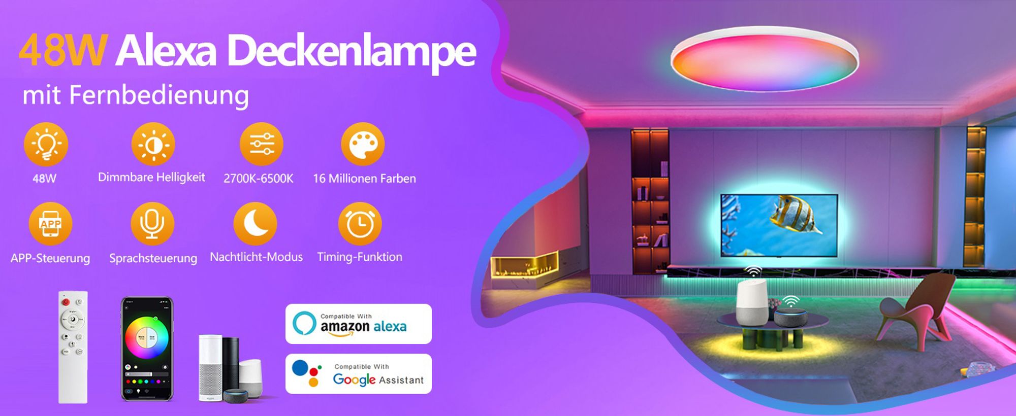 Smart LED Deckenleuchte 48W RGB Dimmbar WiFi Deckenlampe mit Fernbedienung, Kompatibel mit Alexa Google Home