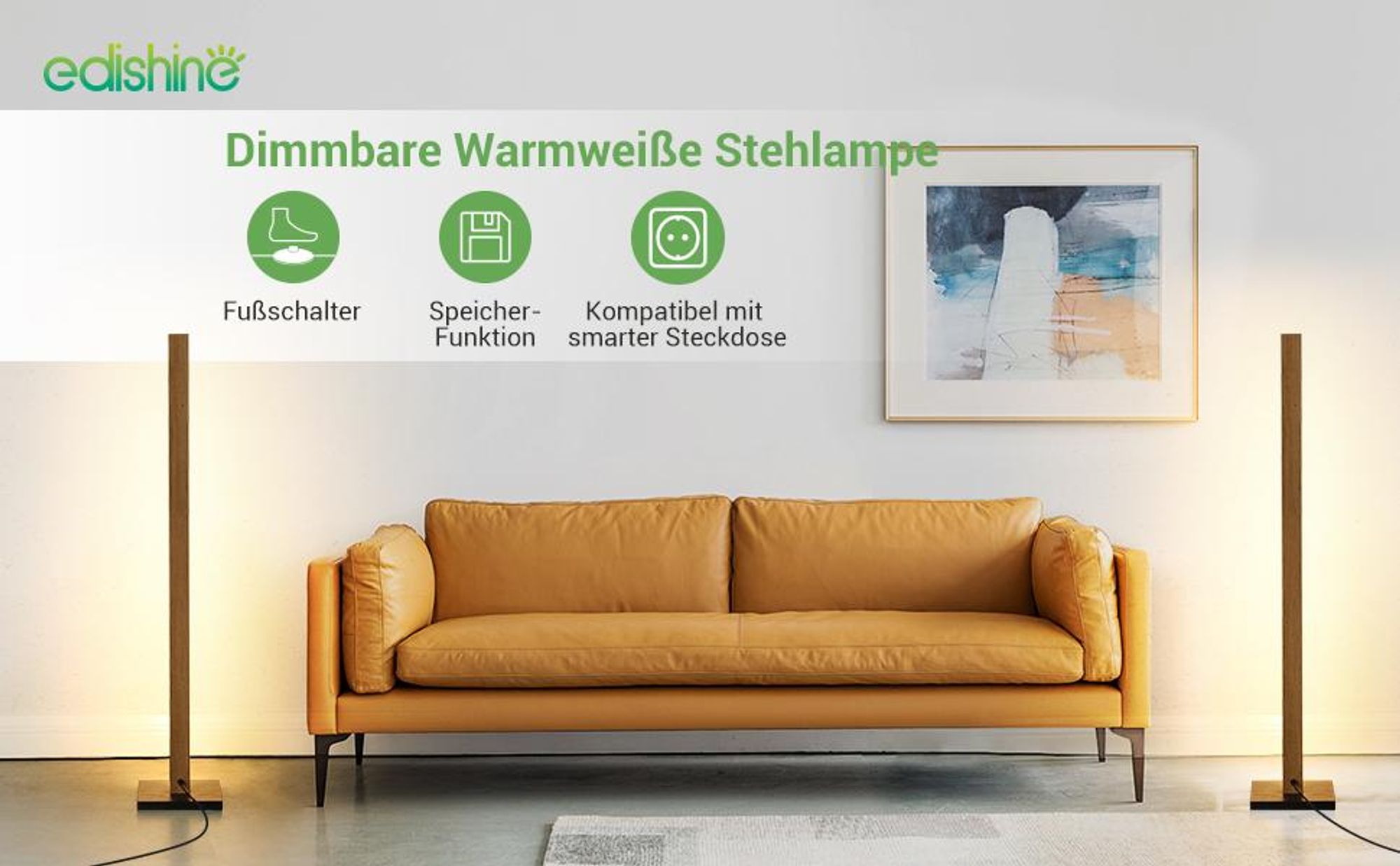 EDISHINE Stehlampe aus Holz, LED Stehleuchte Dimmbar, Lichtsäule 117cm, Wohnzimmer
