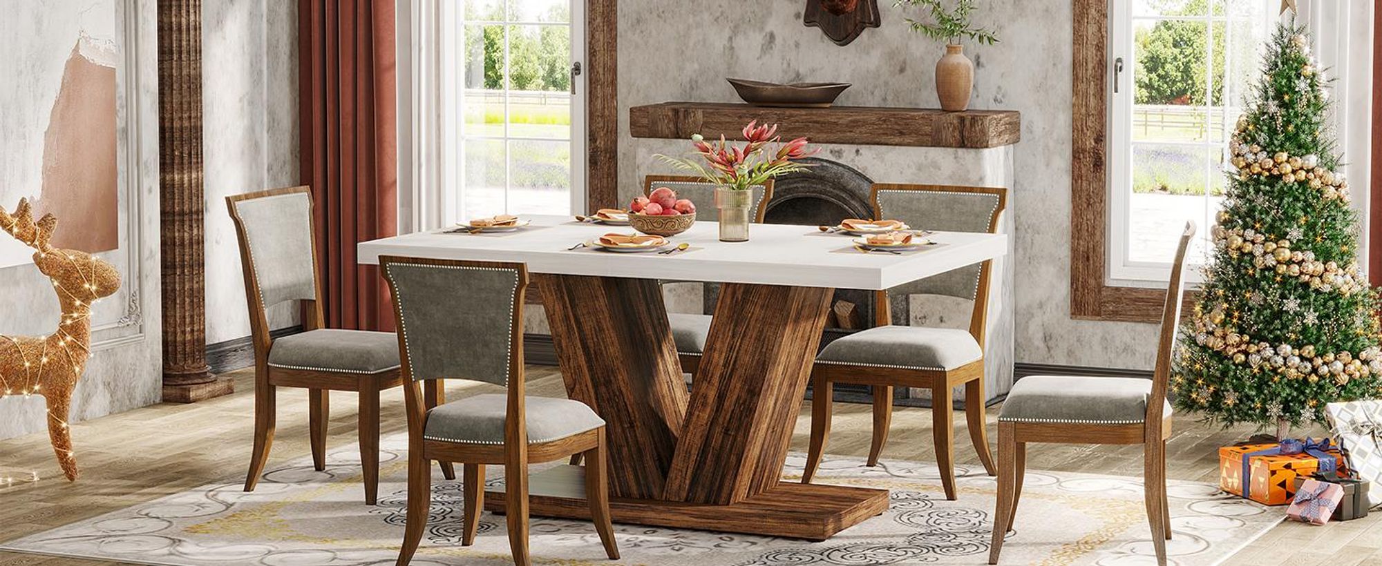 Tribesigns Esstisch für 4 Personen, weißer Küchen-Esstisch mit robustem Sockel, Bauernhaus-Esstisch aus Holz für Zuhause, Esszimmer, kleiner Raum
